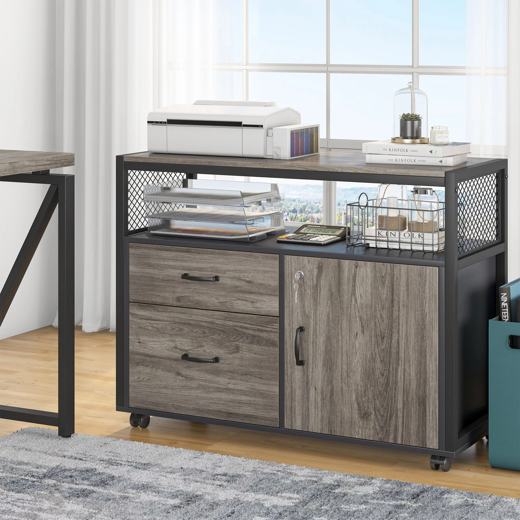 Lockable File Cabinet Printer Stand with Drawers & Caster - Image 6