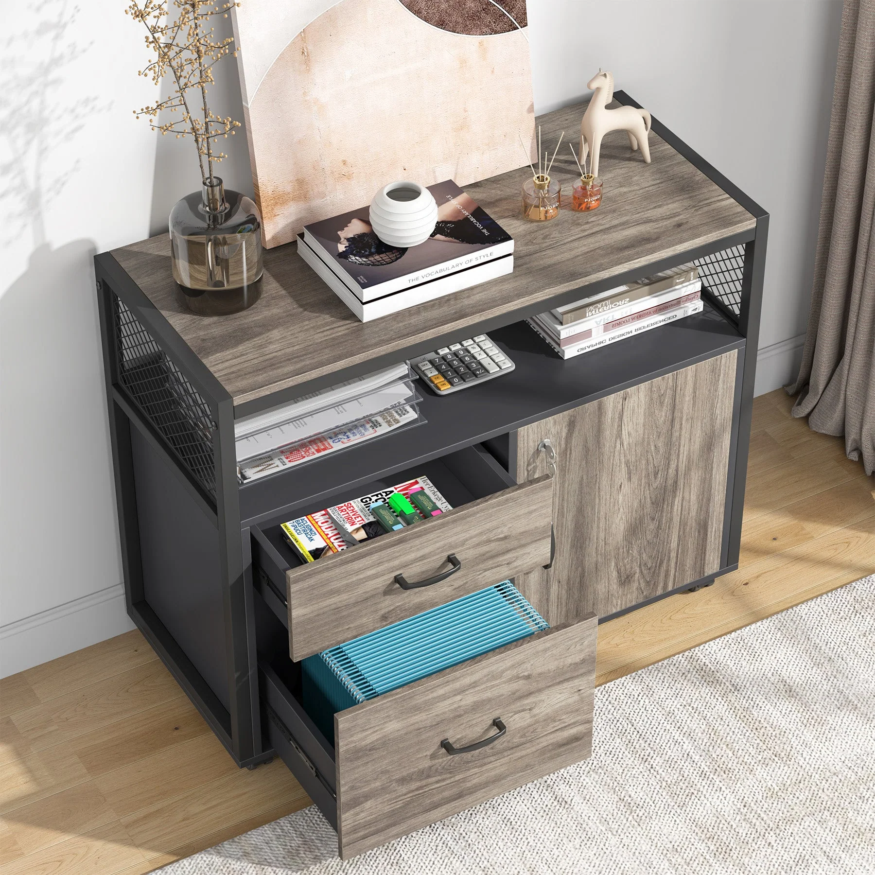 Lockable File Cabinet Printer Stand with Drawers & Caster - Image 8