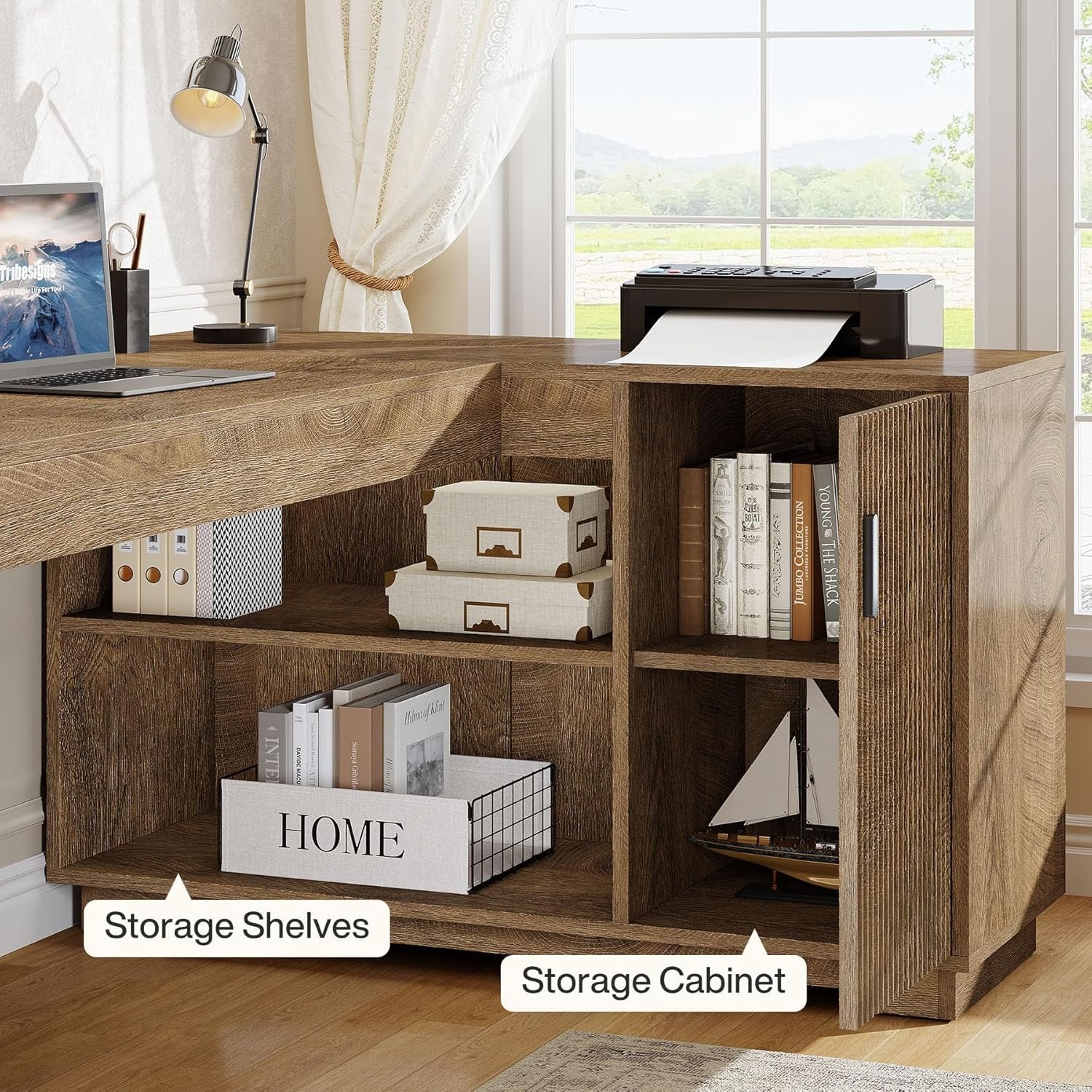 59" L-Shaped Desk with Storage Cabinet, Farmhouse Corner Computer Desk with Open Storage Shelves for Office - Image 4