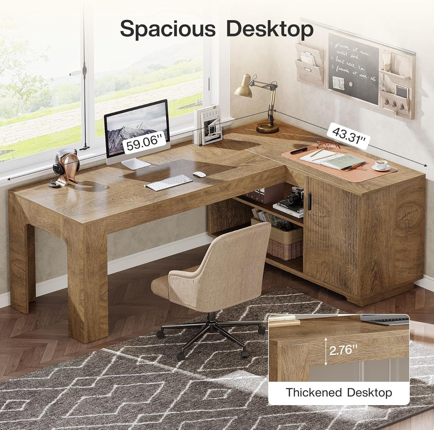 59" L-Shaped Desk with Storage Cabinet, Farmhouse Corner Computer Desk with Open Storage Shelves for Office - Image 5