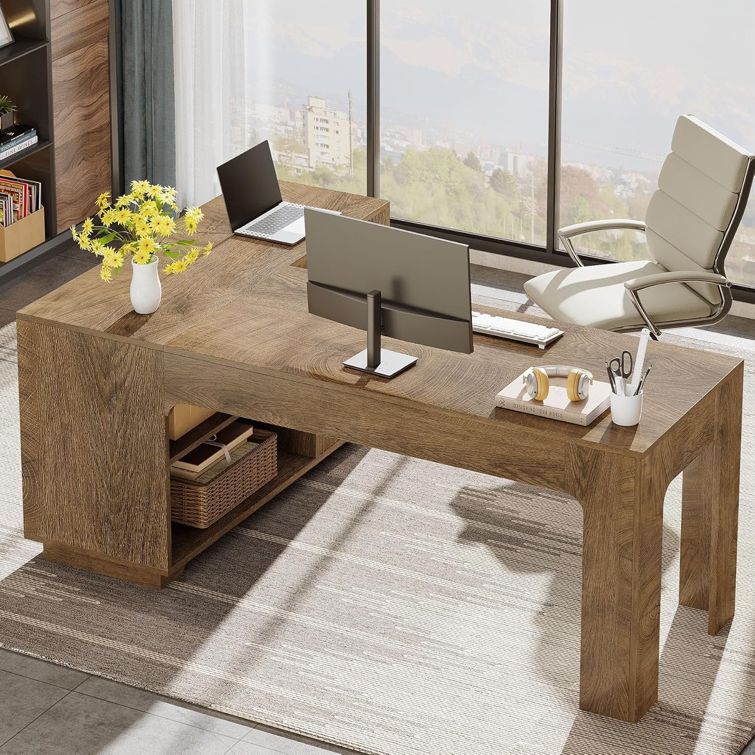 59" L-Shaped Desk with Storage Cabinet, Farmhouse Corner Computer Desk with Open Storage Shelves for Office - Image 6