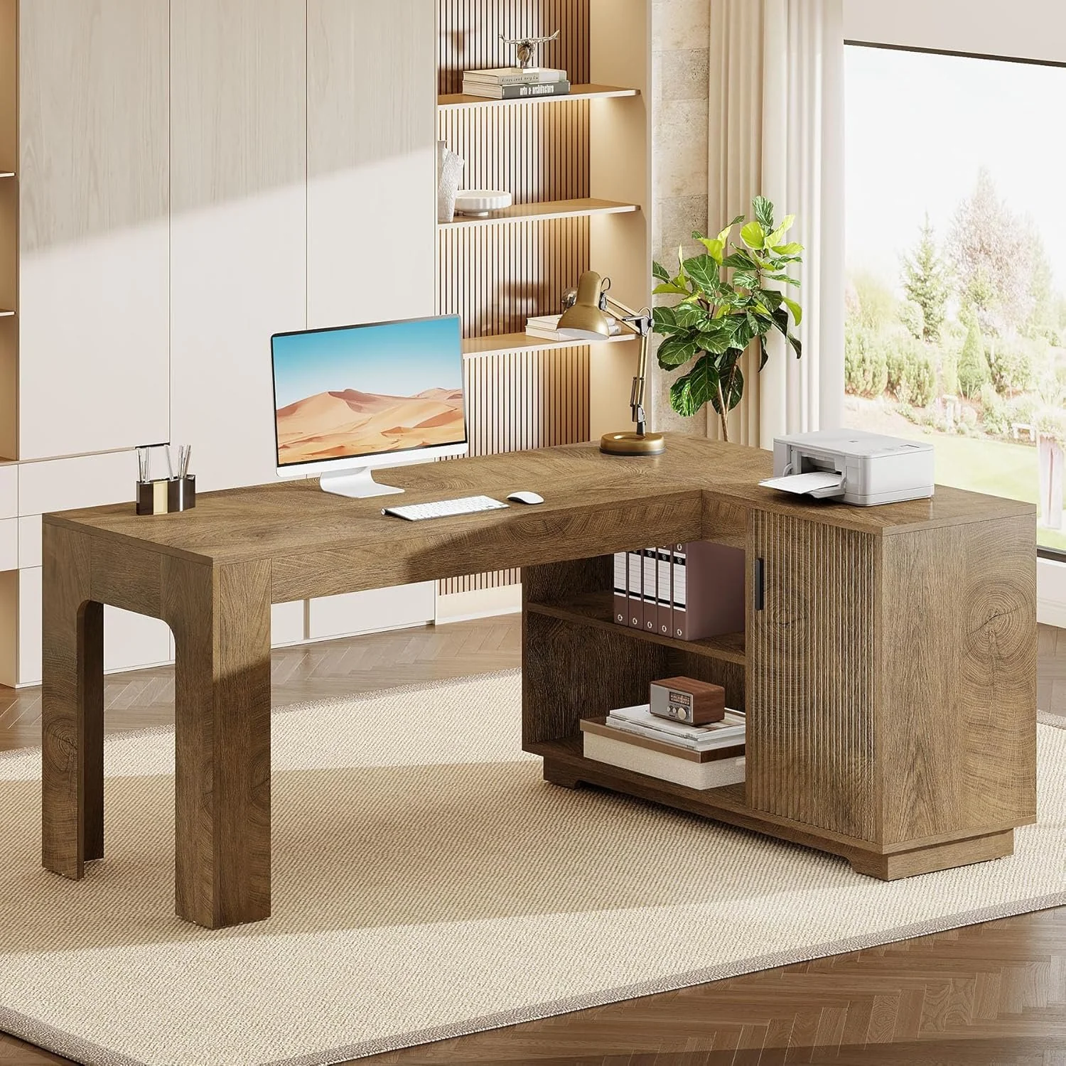 59" L-Shaped Desk with Storage Cabinet, Farmhouse Corner Computer Desk with Open Storage Shelves for Office - Image 7