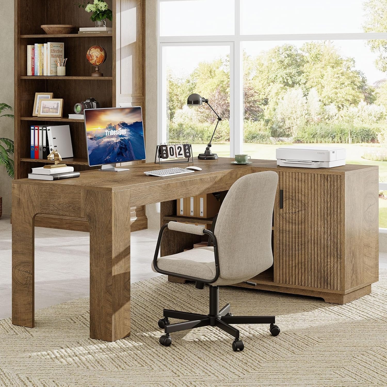 59" L-Shaped Desk with Storage Cabinet, Farmhouse Corner Computer Desk with Open Storage Shelves for Office - Image 8