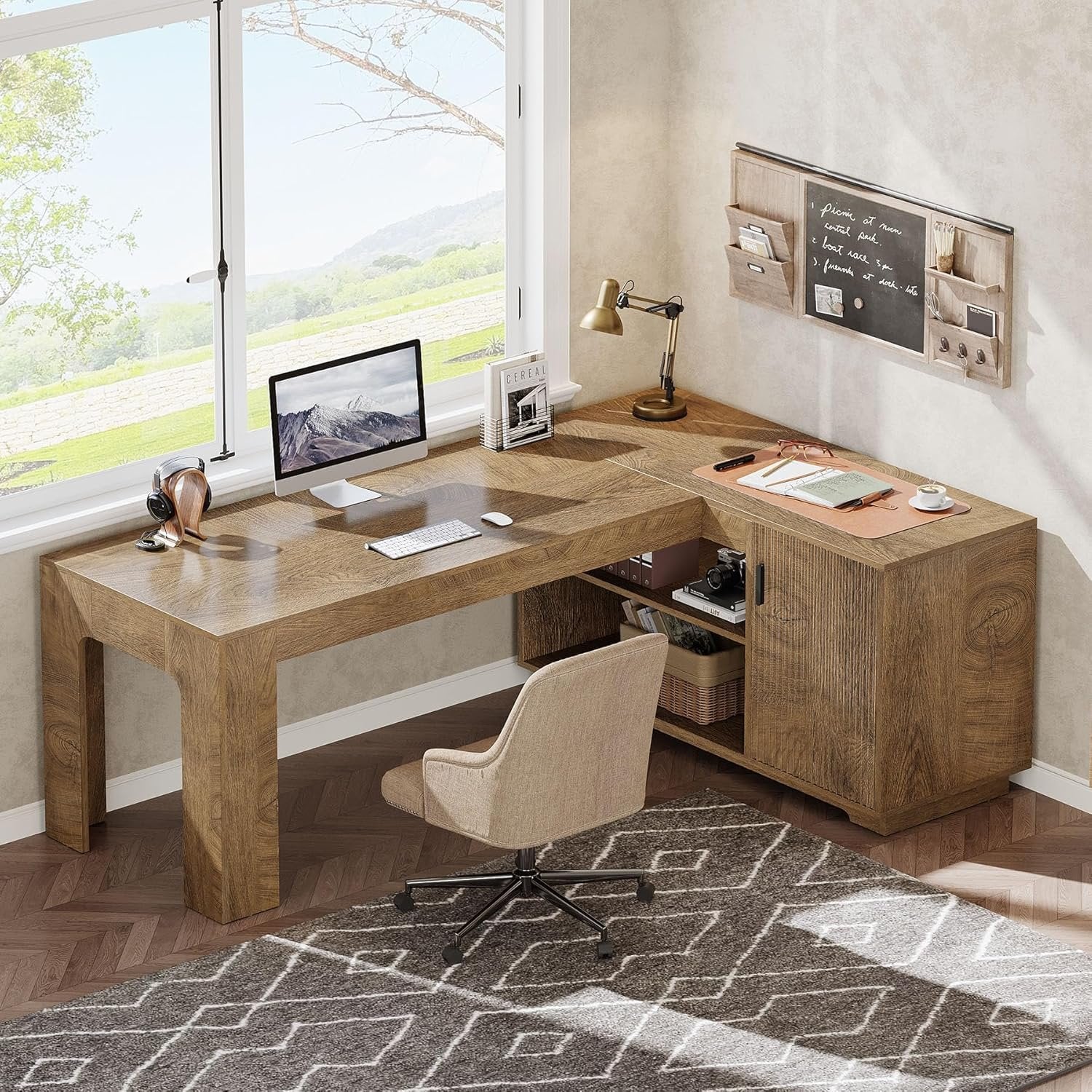 59" L-Shaped Desk with Storage Cabinet, Farmhouse Corner Computer Desk with Open Storage Shelves for Office - Image 9