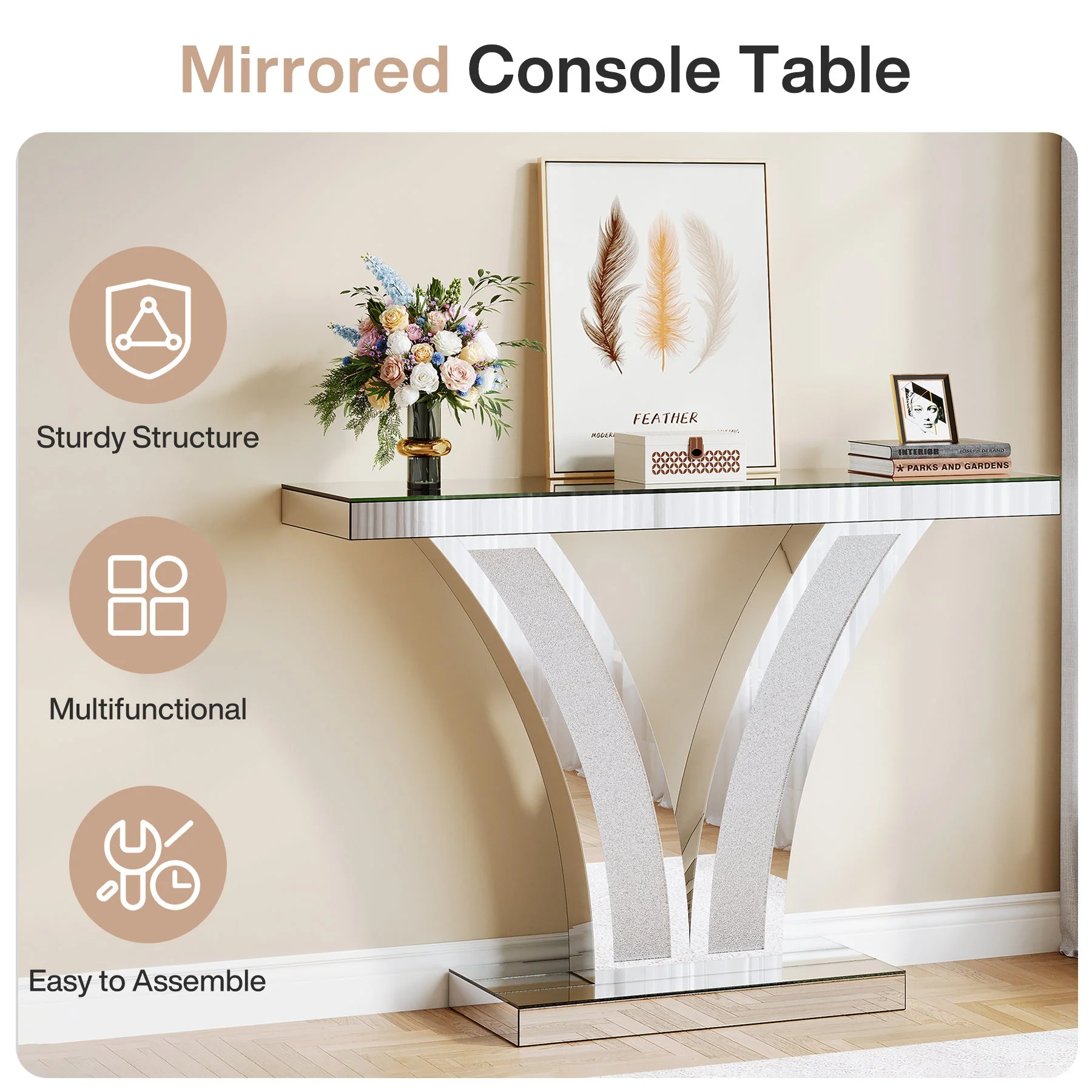 39" Mirrored Console Table, Modern Silver Entryway Table - Image 6