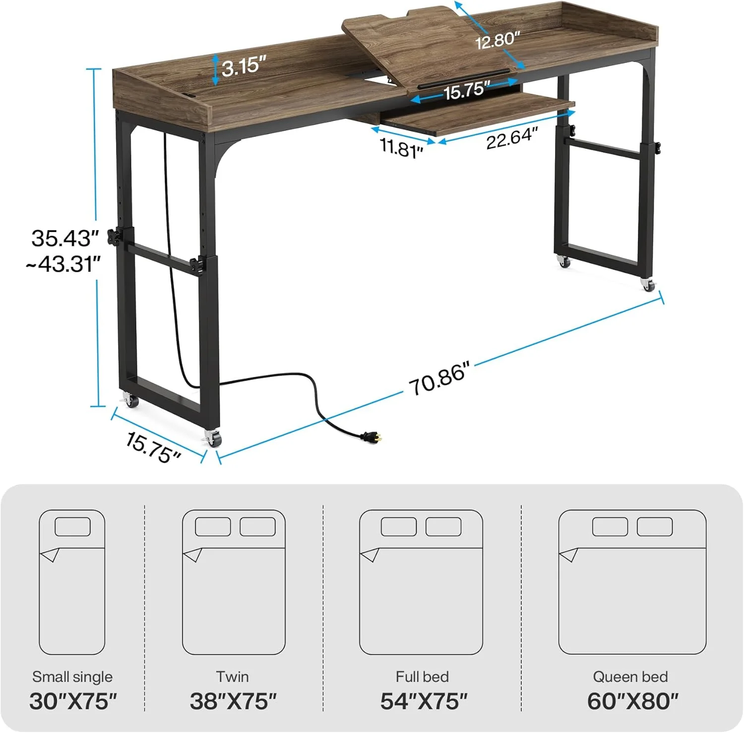 Height Adjustable Overbed Table with Wheels & Charging Station - Image 2