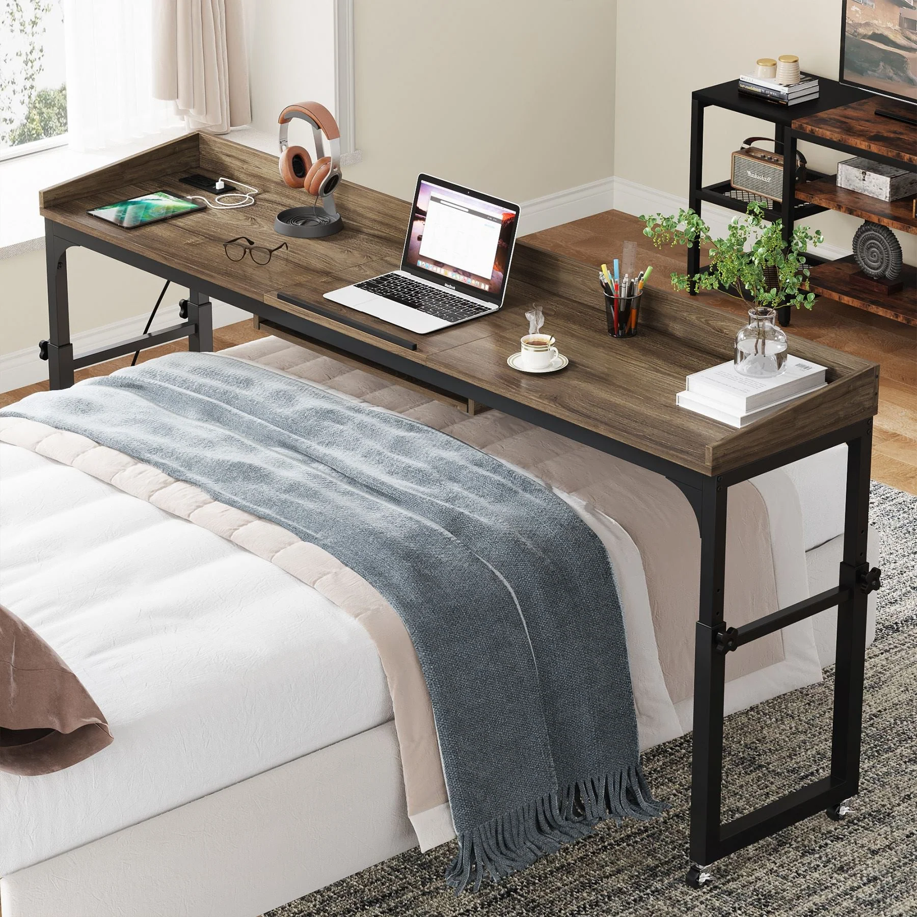 Height Adjustable Overbed Table with Wheels & Charging Station - Image 3