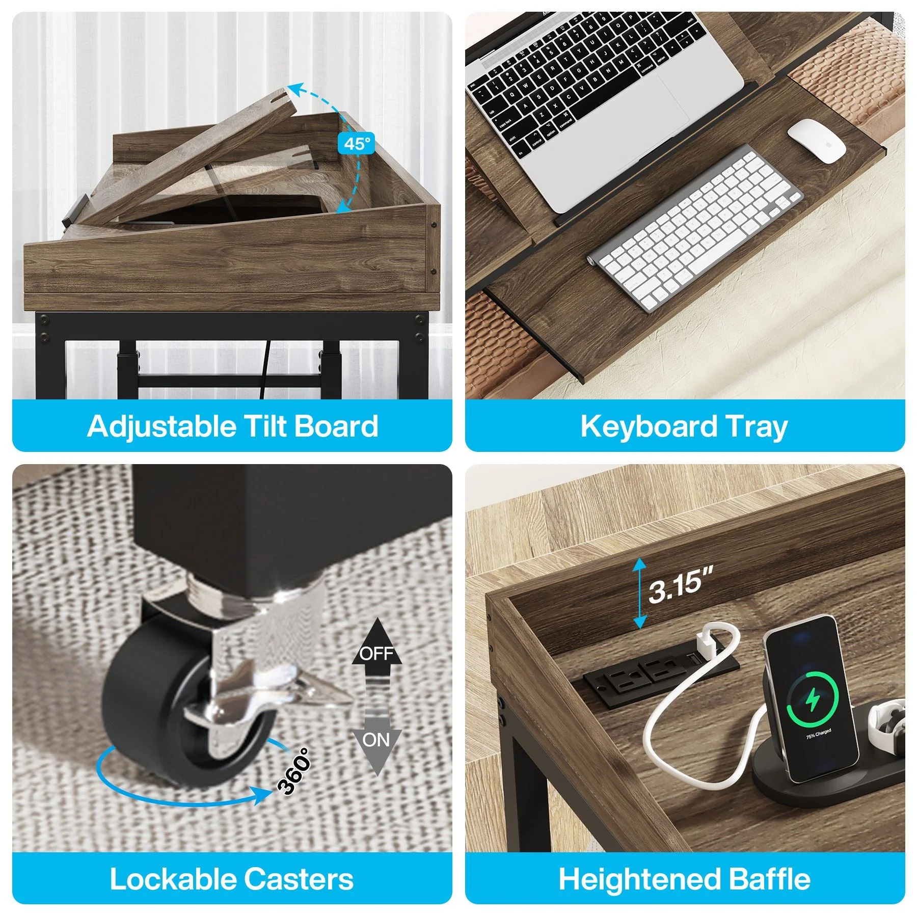Height Adjustable Overbed Table with Wheels & Charging Station - Image 6