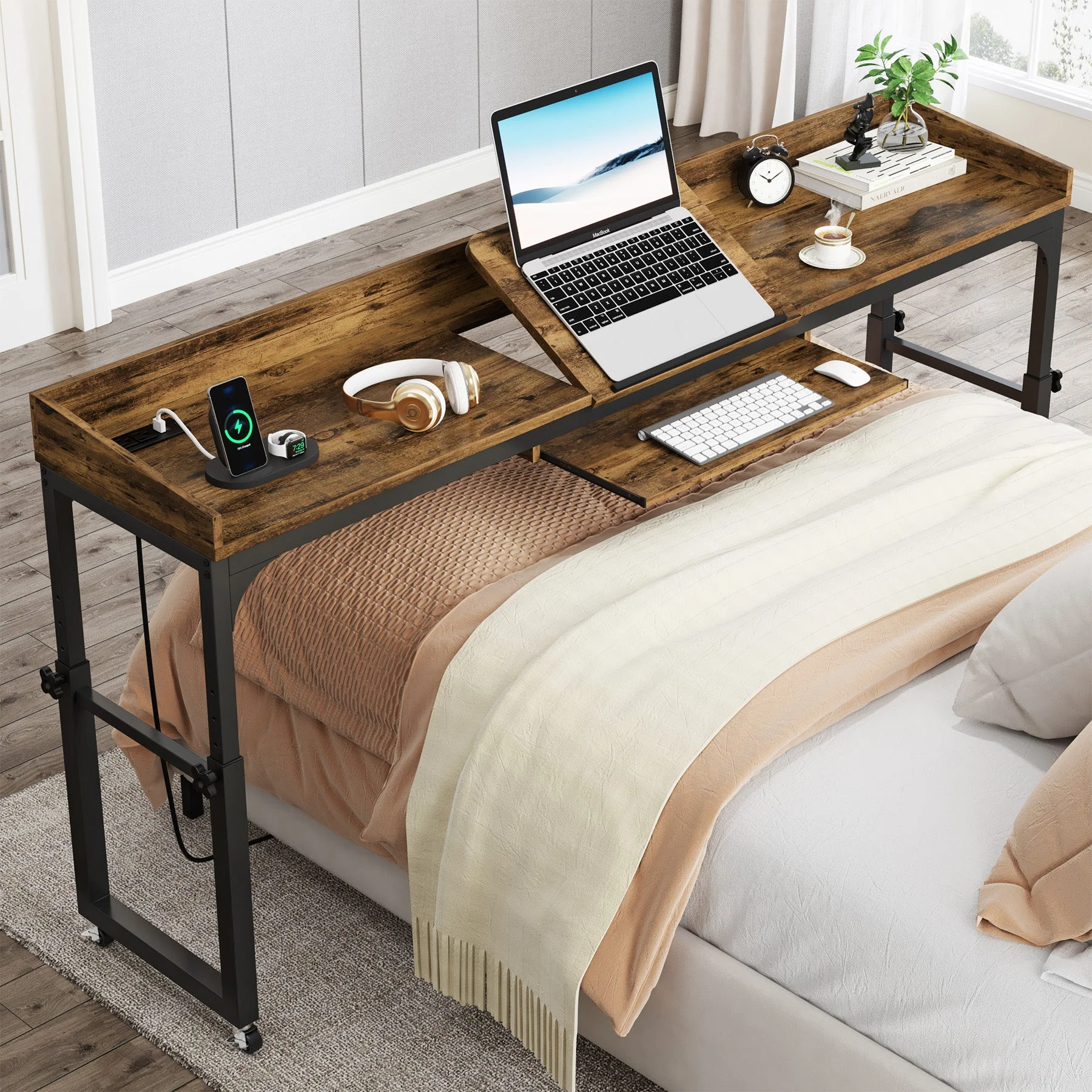 Height Adjustable Overbed Table with Wheels & Charging Station - Image 7