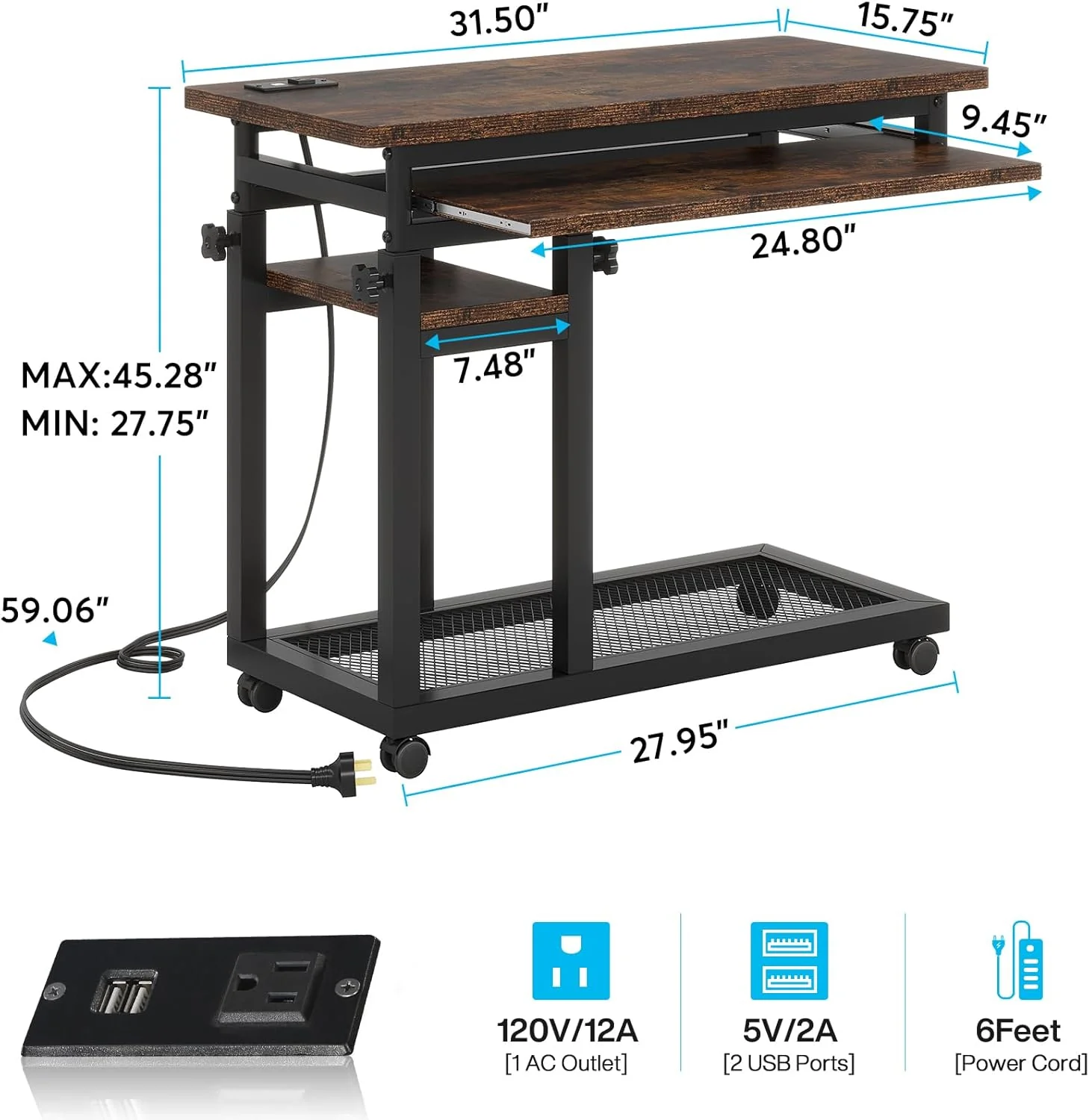 Mobile C Table, Portable Desk Side Table with Power Outlet - Image 2