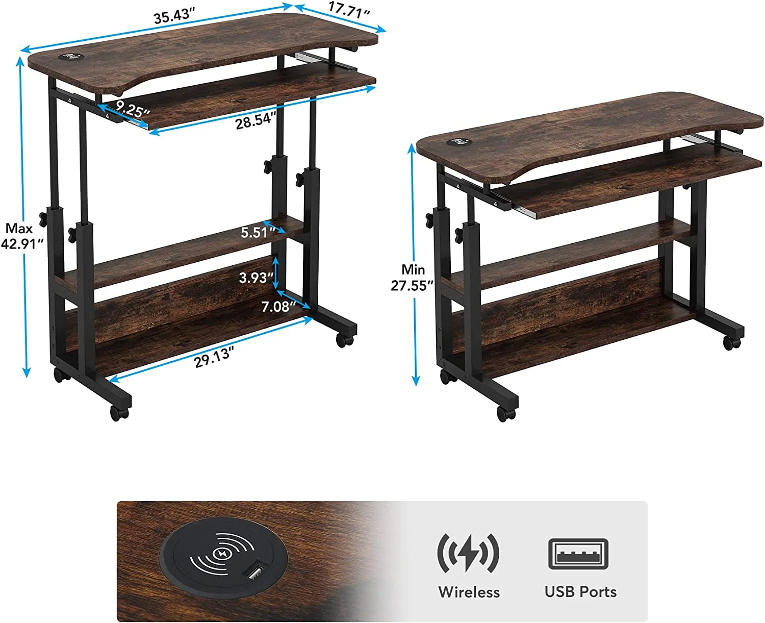 Height Adjustable Desk, Mobile Portable Desk with Wireless Charging Station - Image 2