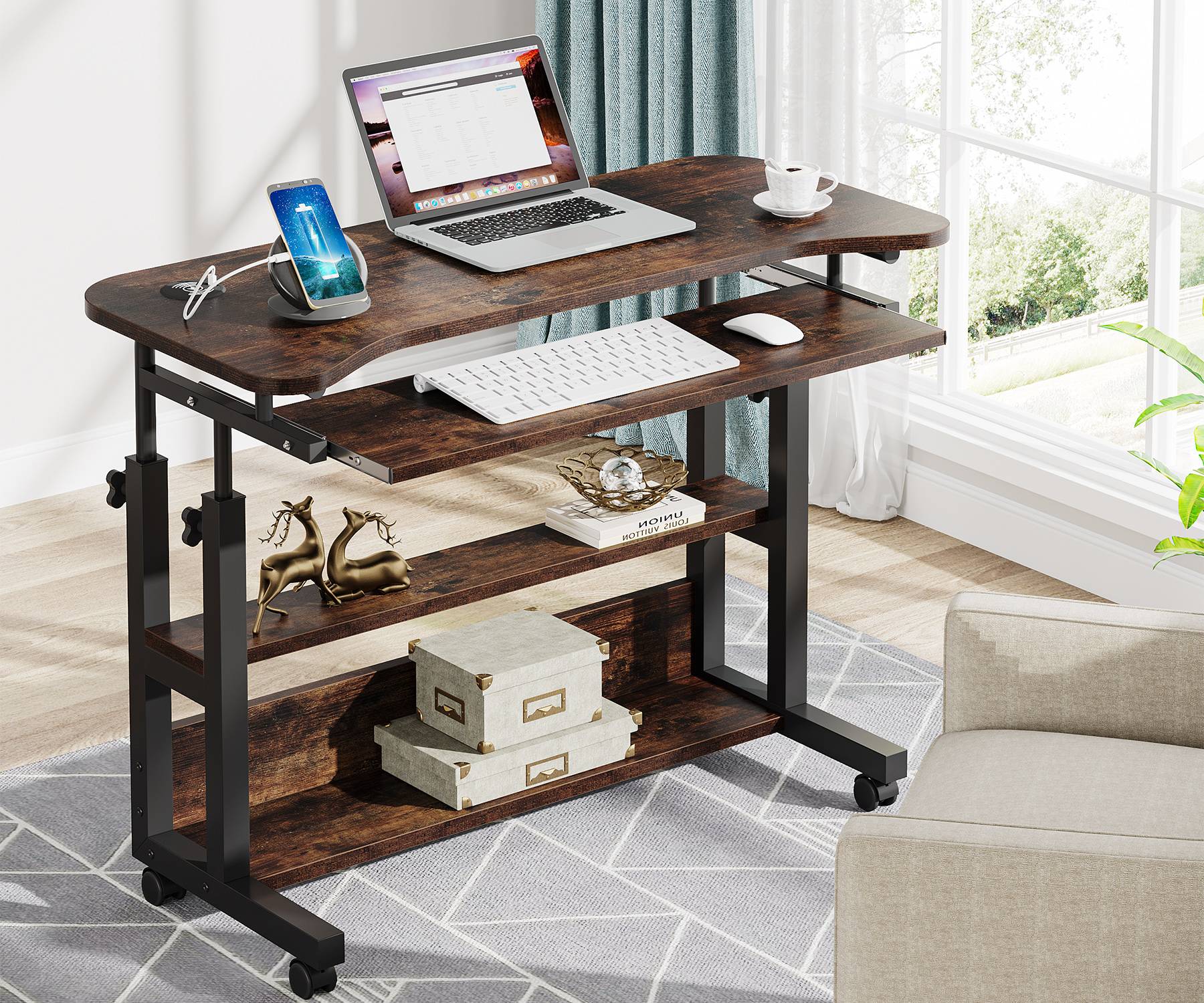 Height Adjustable Desk, Mobile Portable Desk with Wireless Charging Station - Image 3