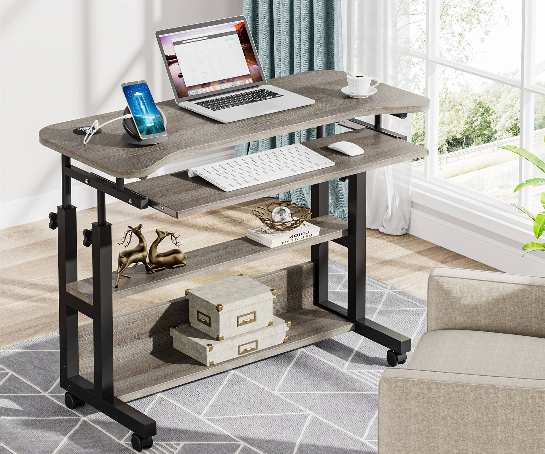 Height Adjustable Desk, Mobile Portable Desk with Wireless Charging Station - Image 8