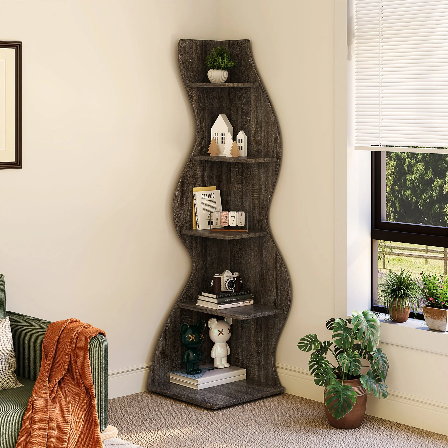 5-Tier Corner Shelf, Modern Wall Corner Bookshelf Bookcase - Image 13