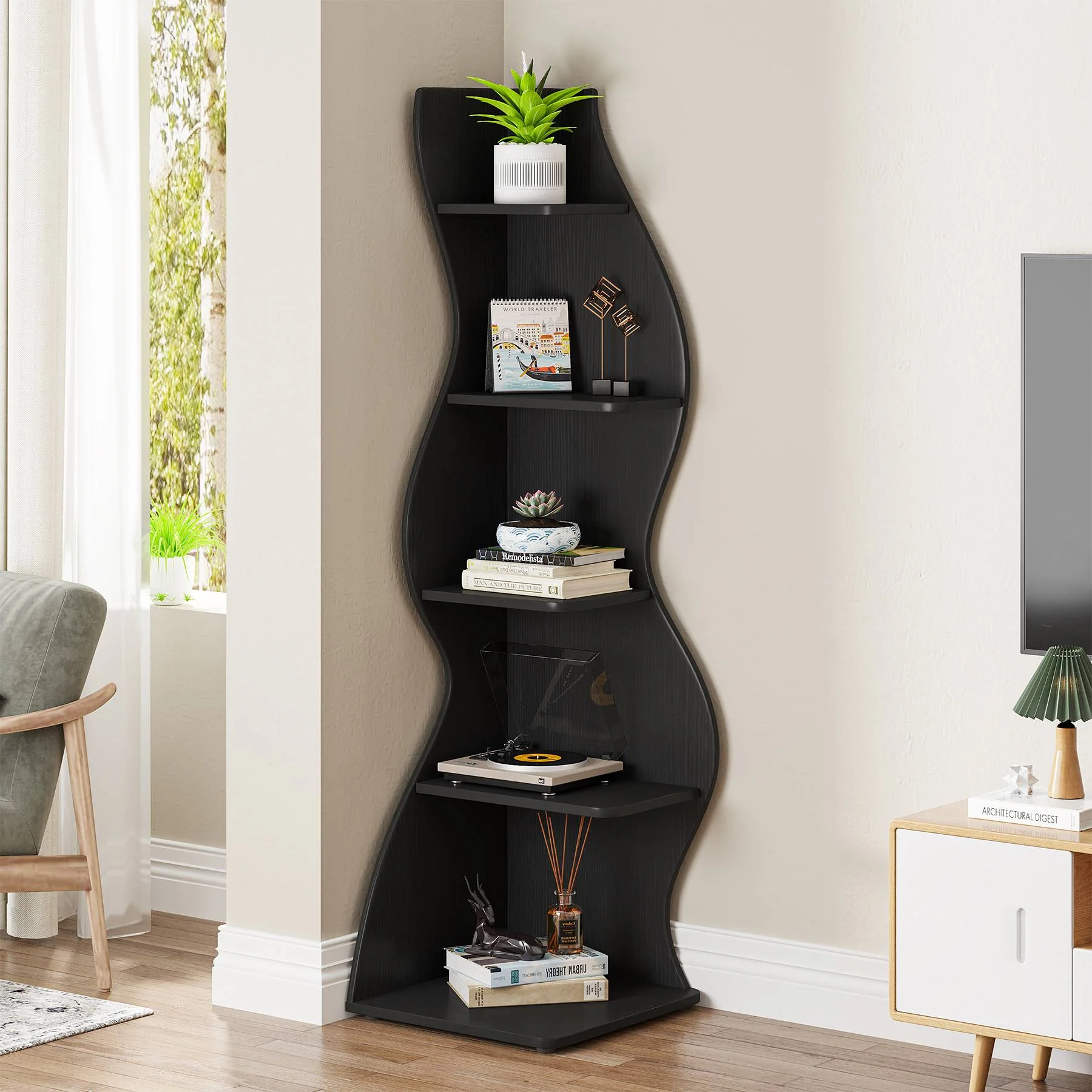 5-Tier Corner Shelf, Modern Wall Corner Bookshelf Bookcase - Image 15