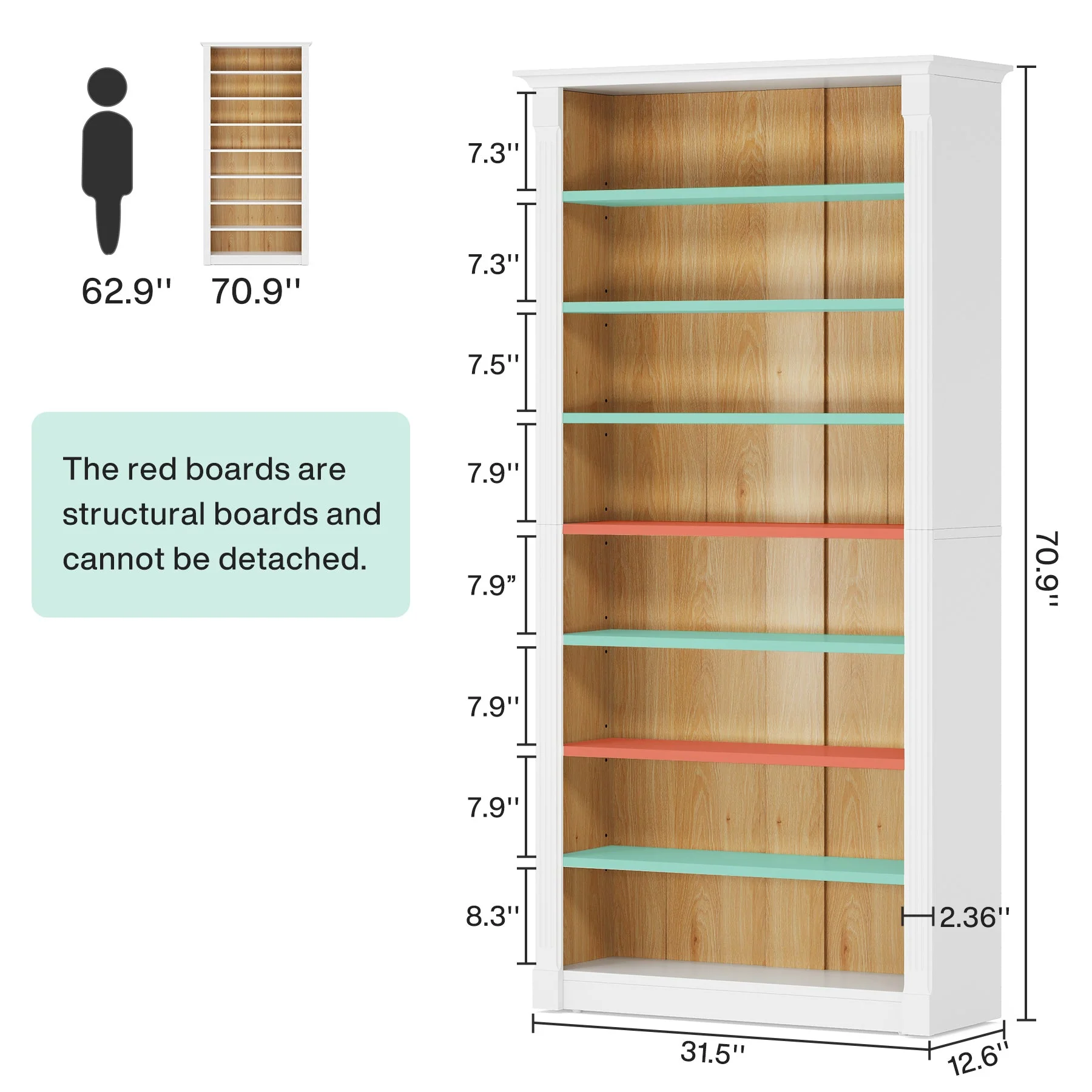70.9" Tall Bookcase, Modern 8-Tier Bookshelf Freestanding Display Shelf - Image 2