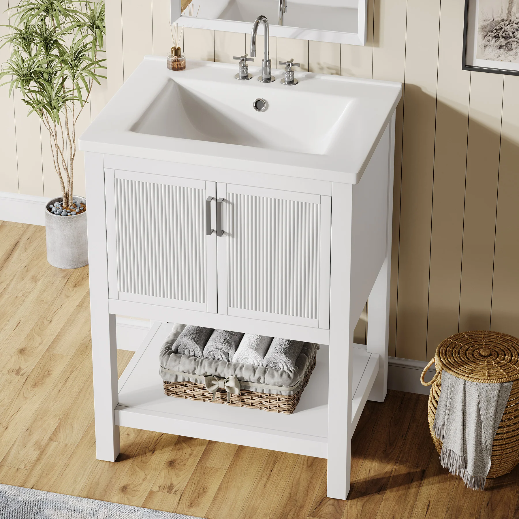 24" Bathroom Vanity, Modern Bathroom Sink Cabinet with Ceramic Basin and 2 Doors - Image 10