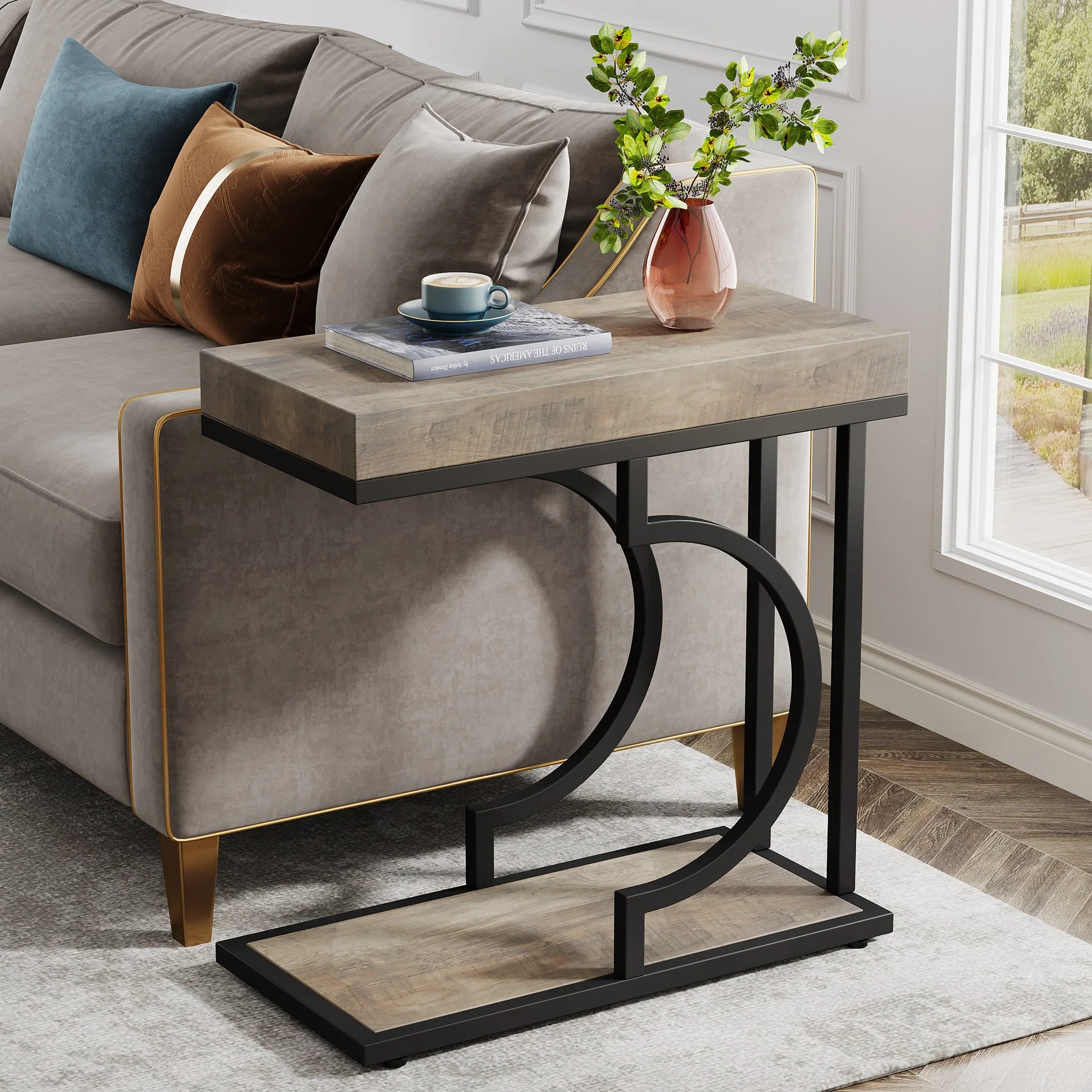 Narrow C Table, Modern End Table Bedside Table with Metal Frame - Image 10