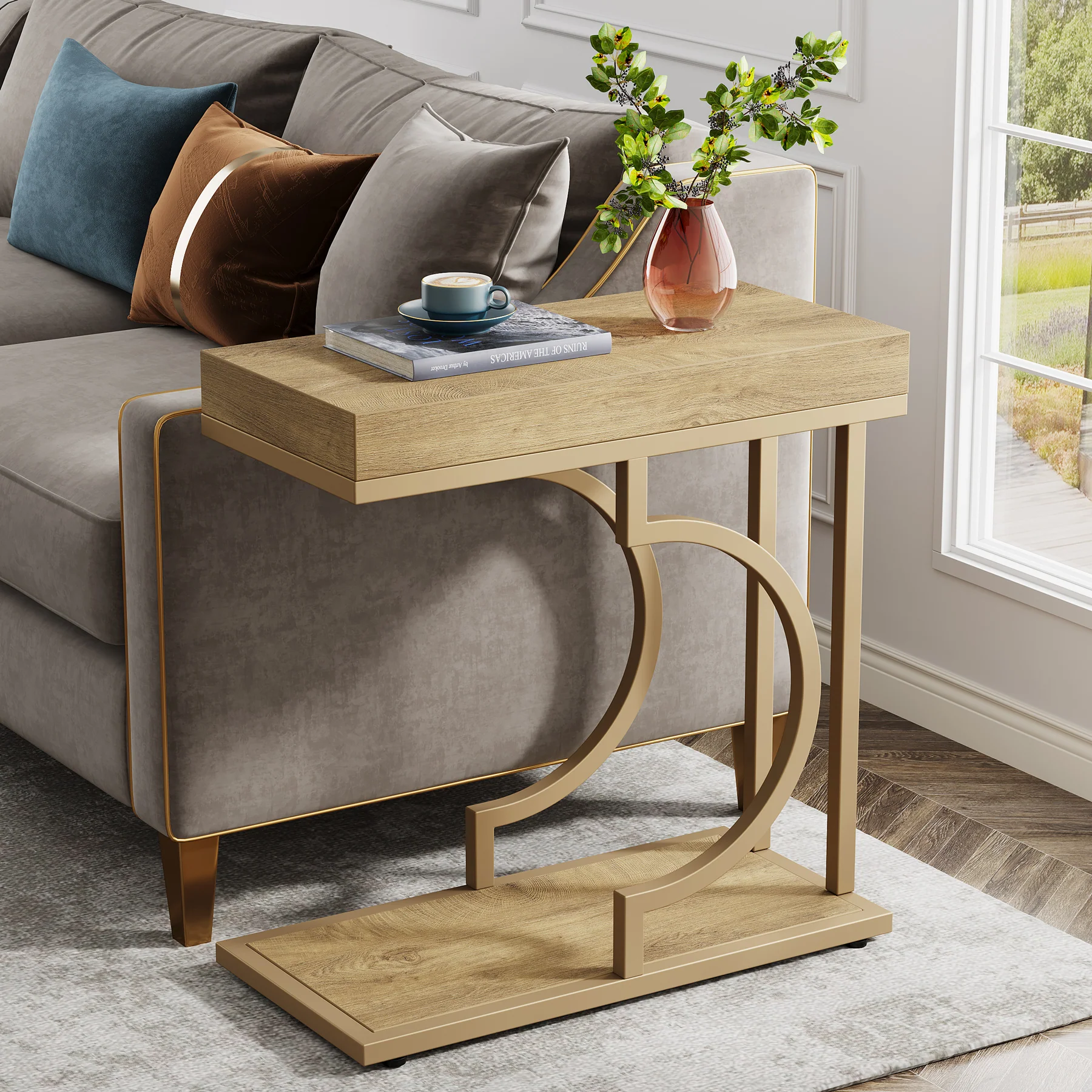 Narrow C Table, Modern End Table Bedside Table with Metal Frame - Image 12