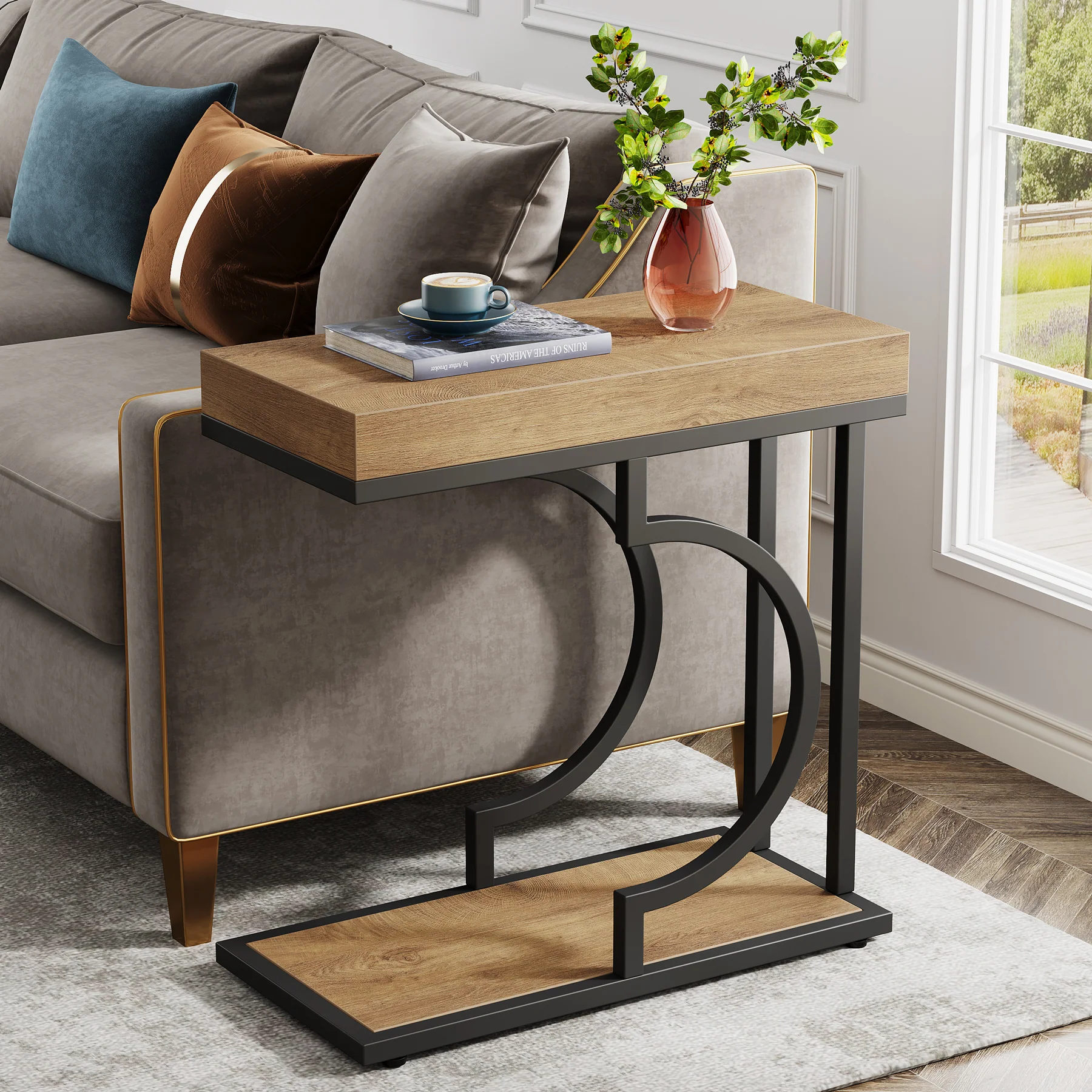 Narrow C Table, Modern End Table Bedside Table with Metal Frame - Image 14