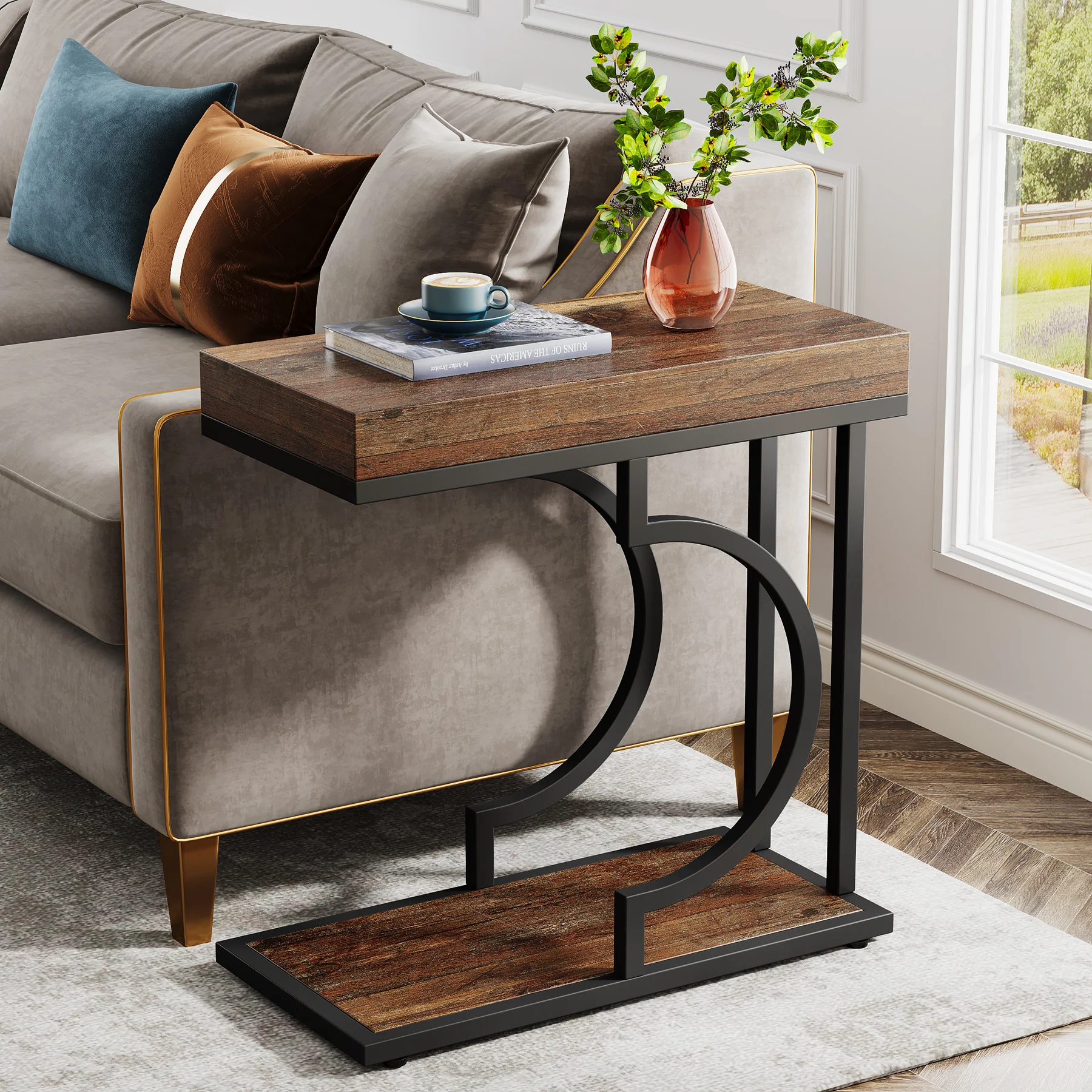 Narrow C Table, Modern End Table Bedside Table with Metal Frame - Image 16