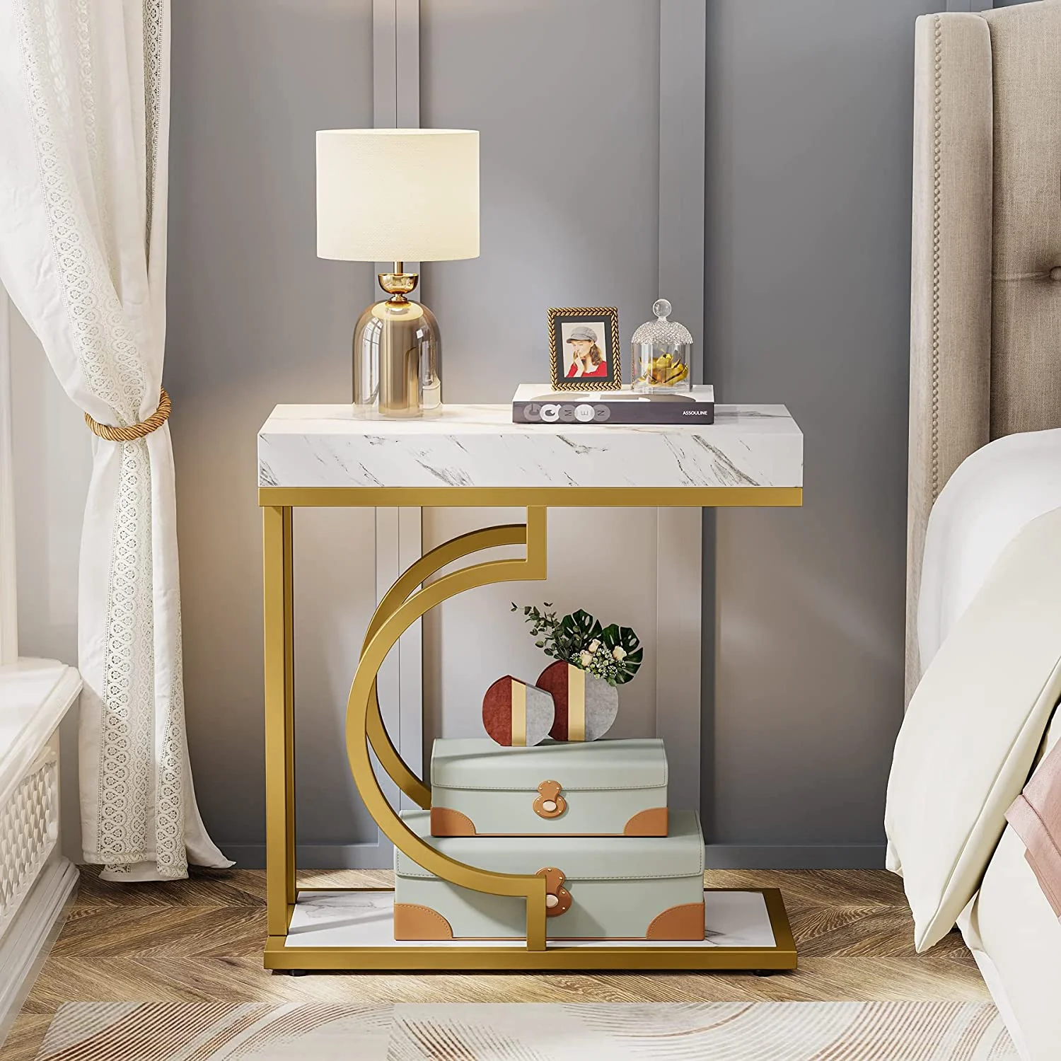 Narrow C Table, Modern End Table Bedside Table with Metal Frame - Image 3