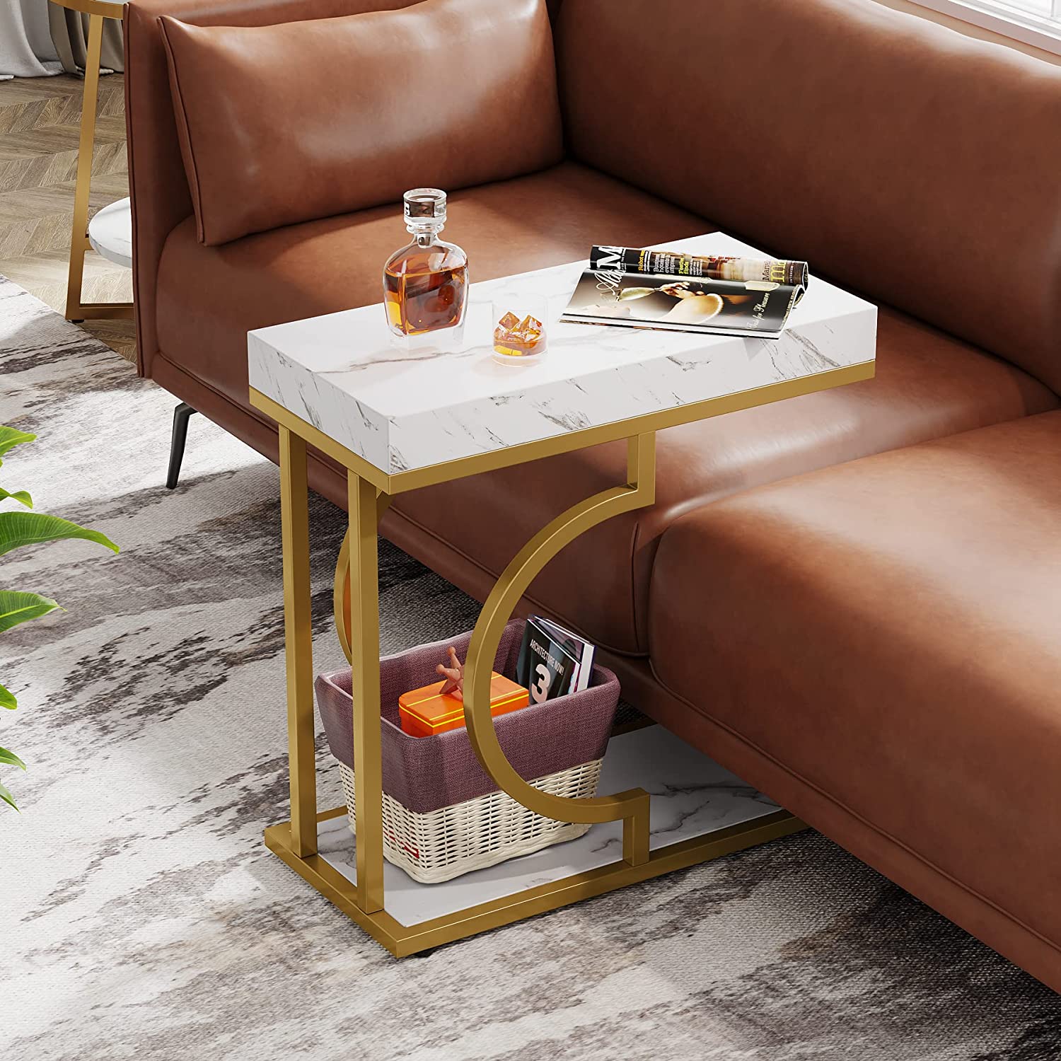 Narrow C Table, Modern End Table Bedside Table with Metal Frame - Image 4