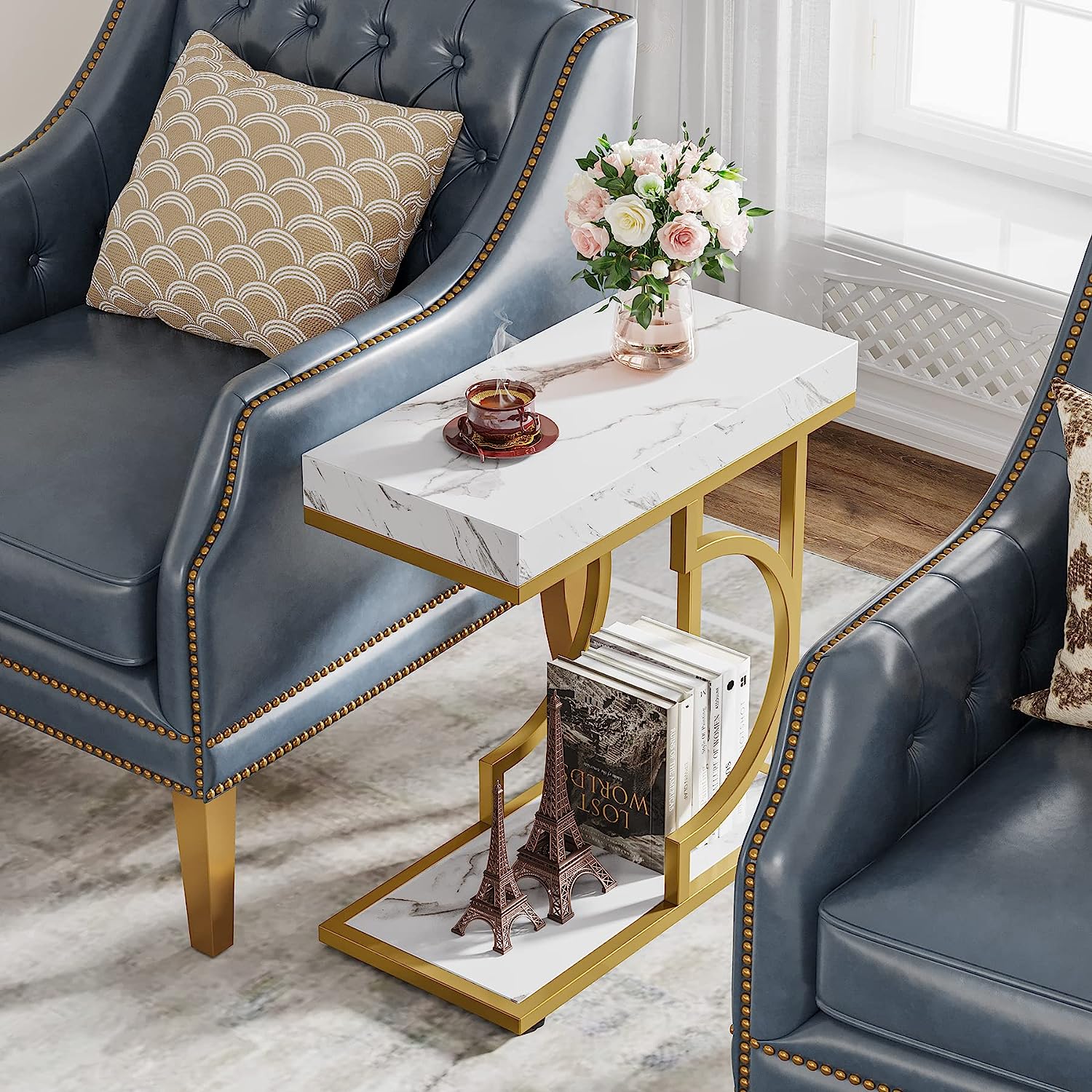 Narrow C Table, Modern End Table Bedside Table with Metal Frame - Image 5