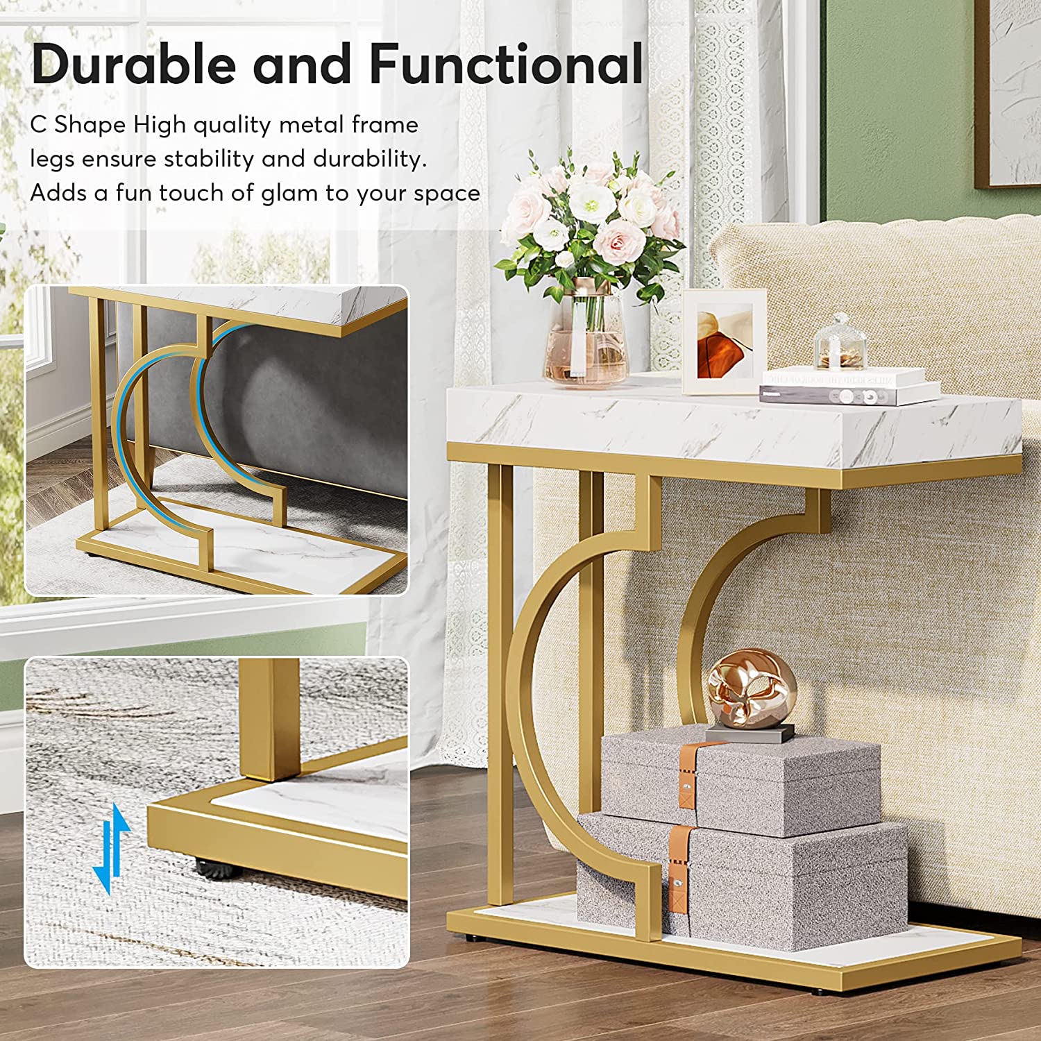 Narrow C Table, Modern End Table Bedside Table with Metal Frame - Image 6