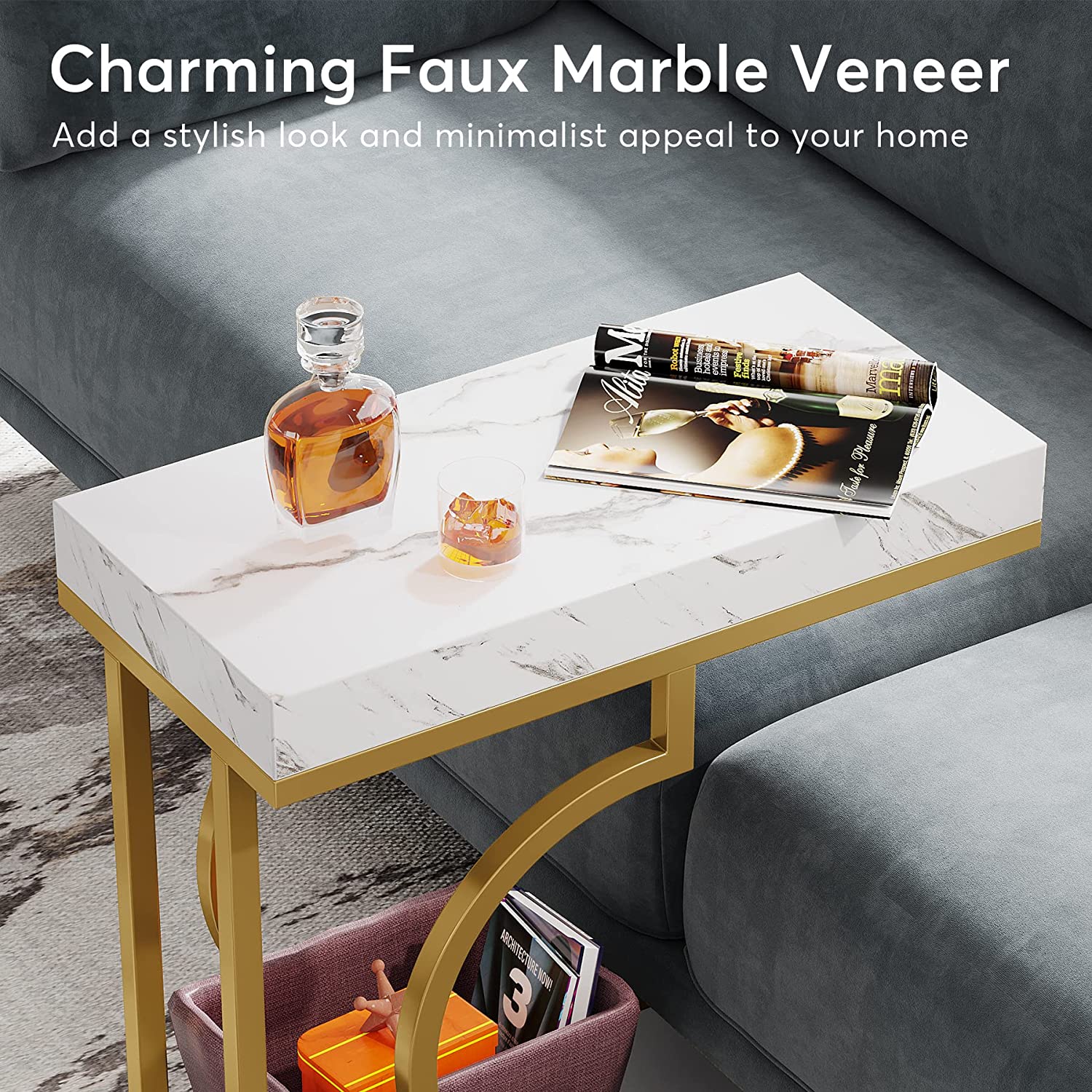 Narrow C Table, Modern End Table Bedside Table with Metal Frame - Image 7