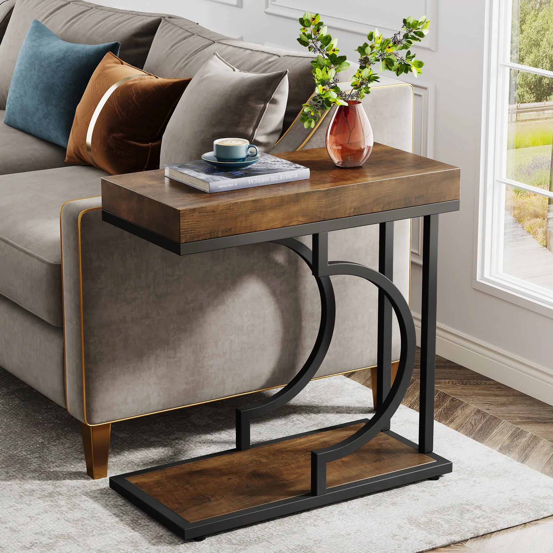 Narrow C Table, Modern End Table Bedside Table with Metal Frame - Image 8