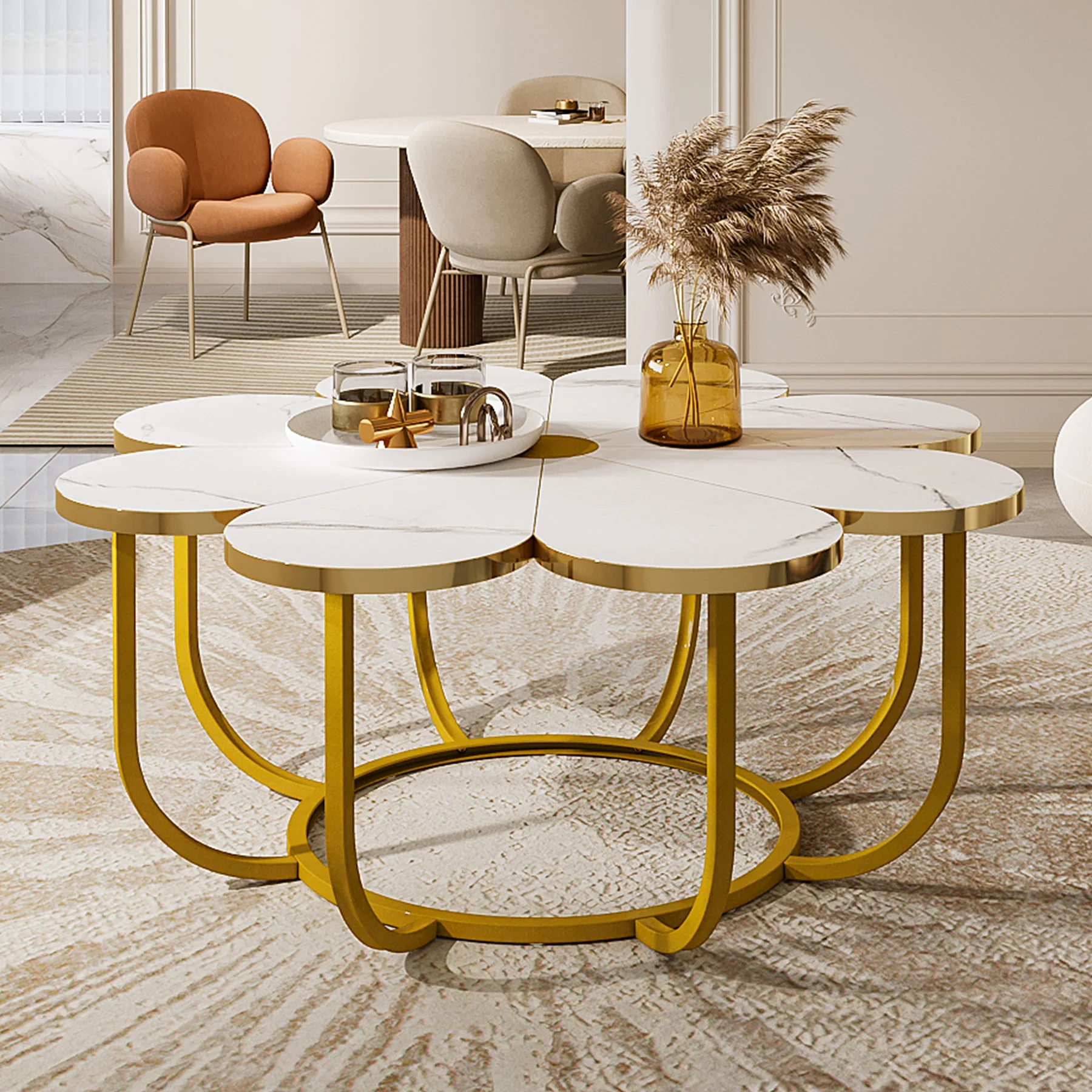 Modern Coffee Table, Flower-Shaped Center Table with Faux Marble Tabletop - Image 3