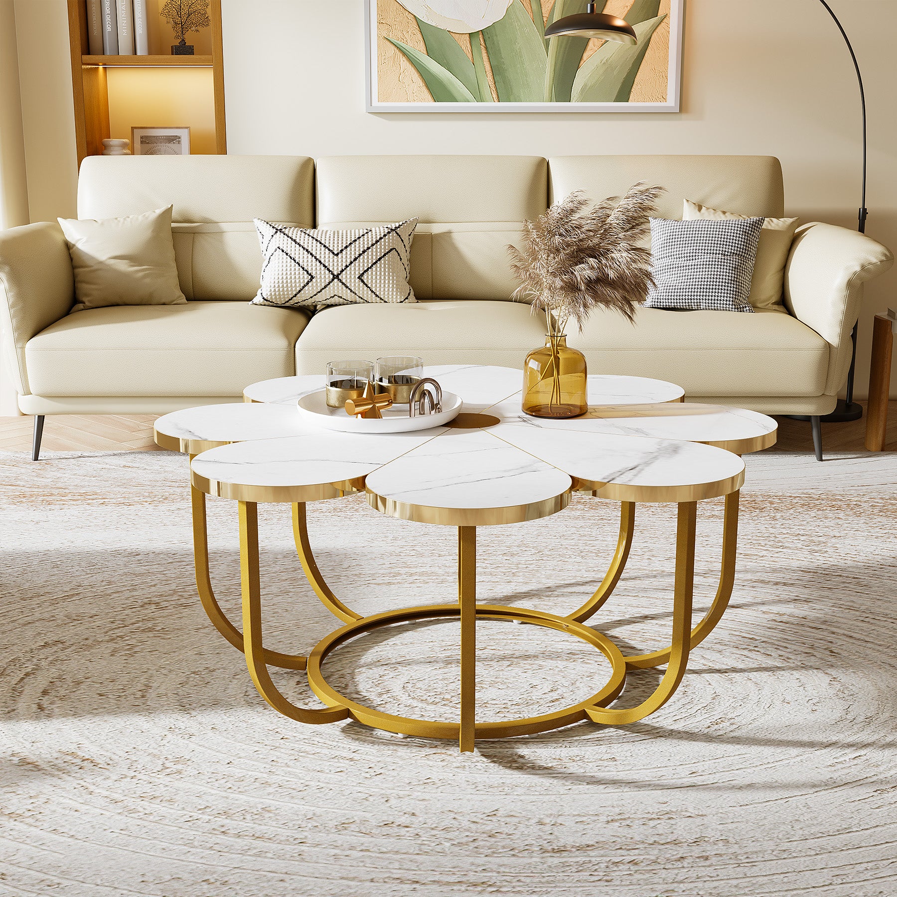 Modern Coffee Table, Flower-Shaped Center Table with Faux Marble Tabletop - Image 4