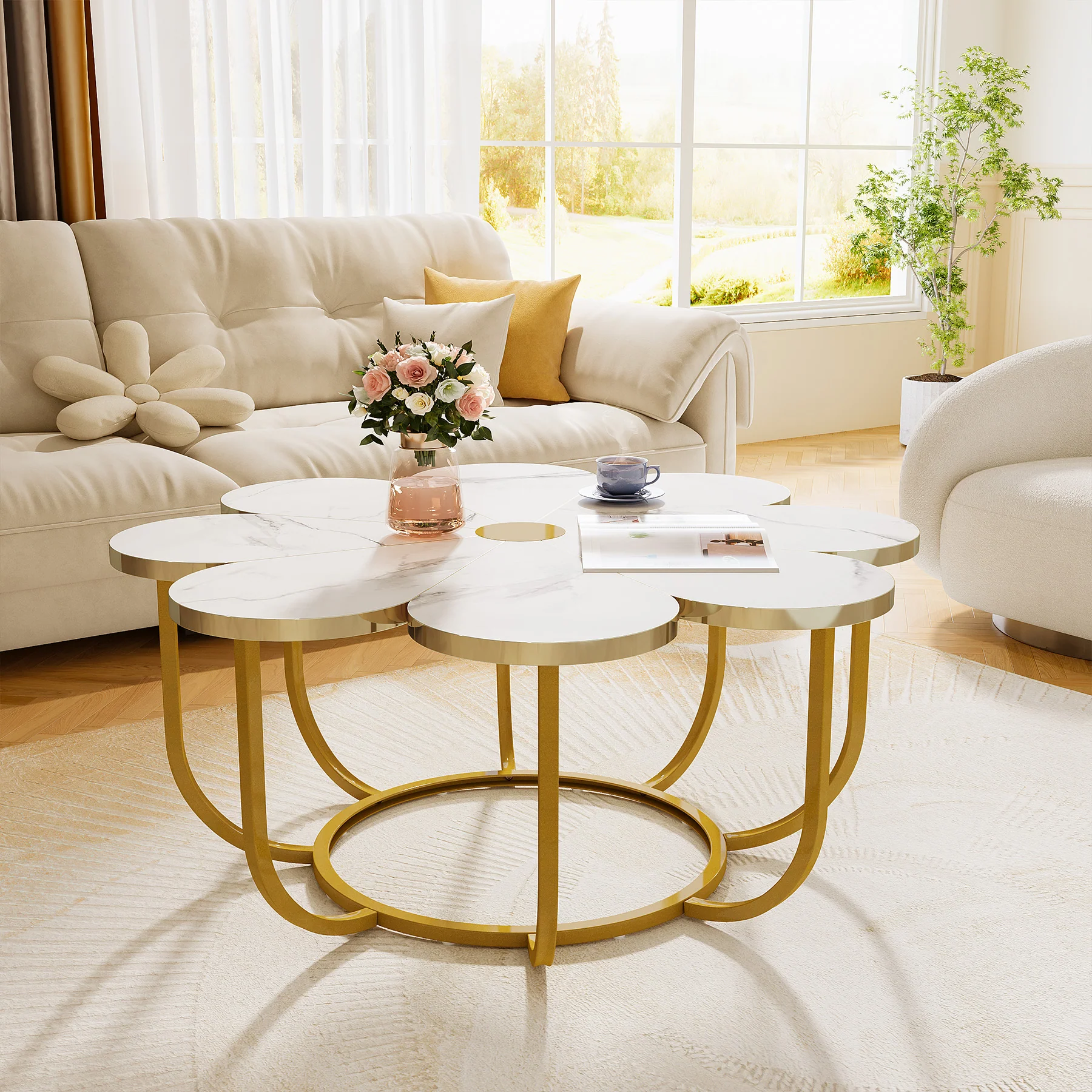 Modern Coffee Table, Flower-Shaped Center Table with Faux Marble Tabletop - Image 6