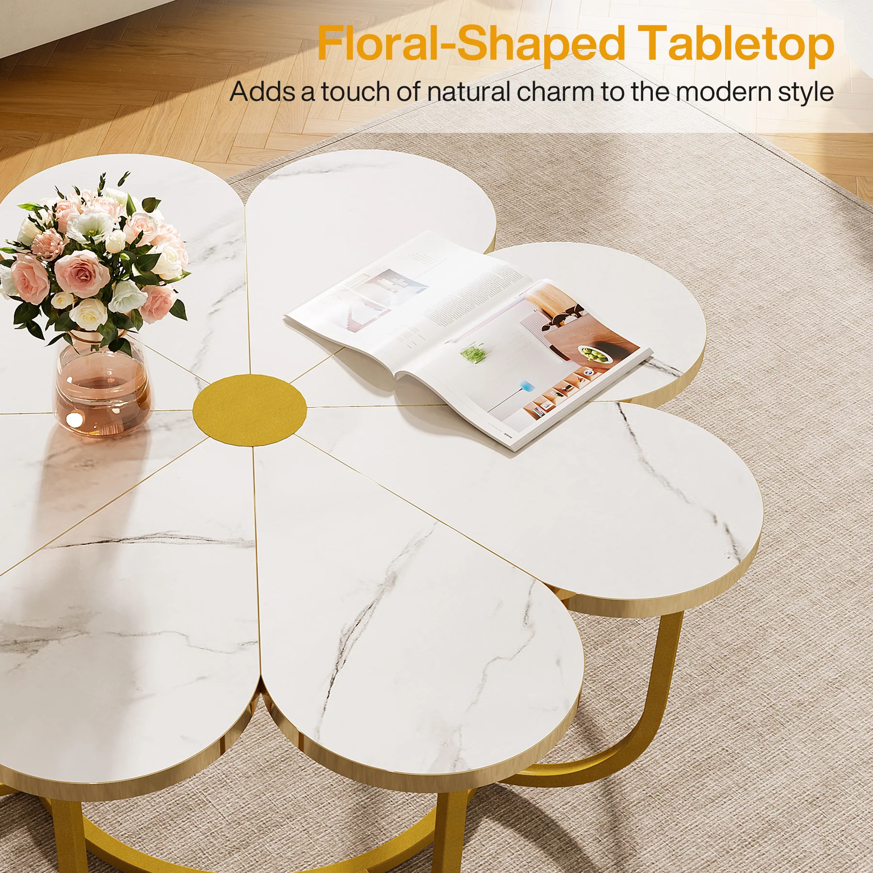 Modern Coffee Table, Flower-Shaped Center Table with Faux Marble Tabletop - Image 7
