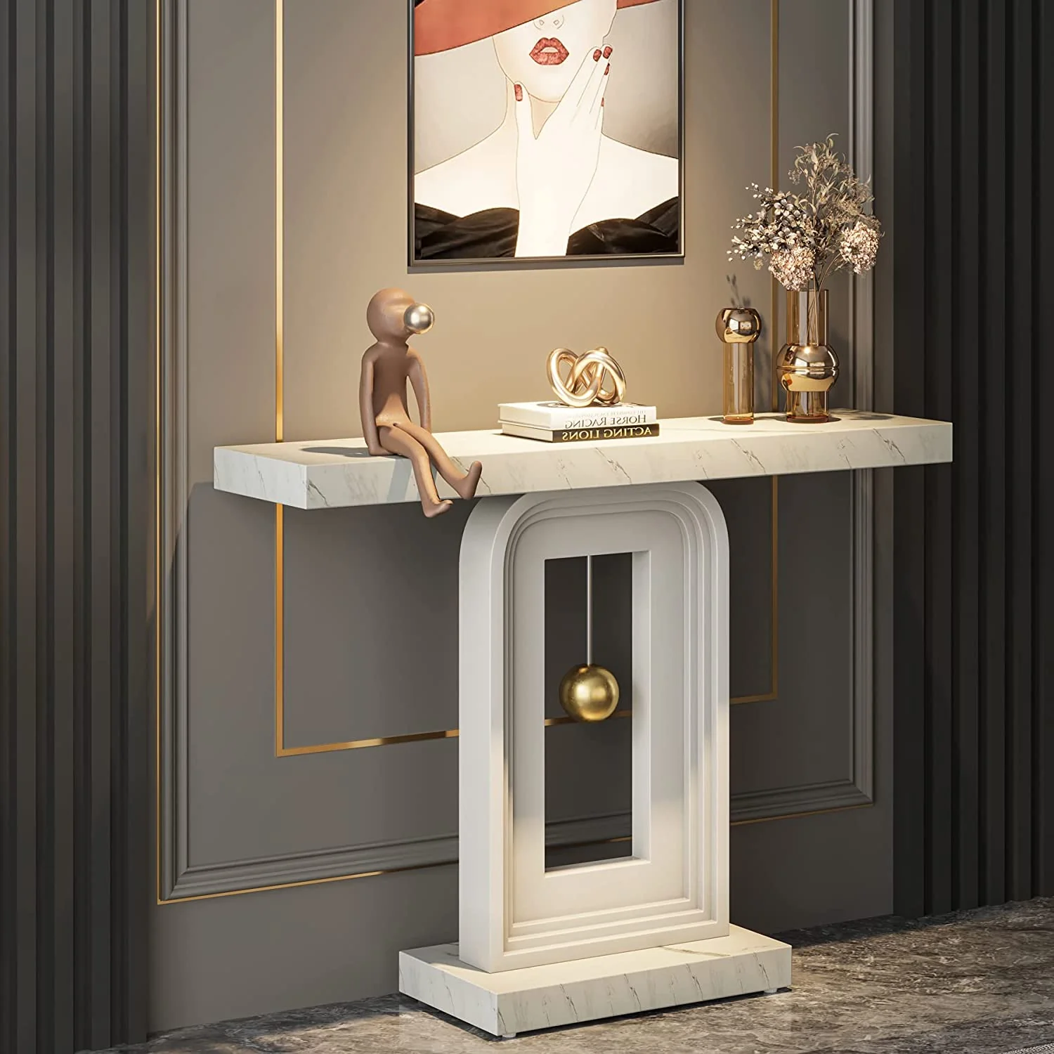 39.4" Console Table, Modern Sofa Entryway Table with Gold Decor - Image 3