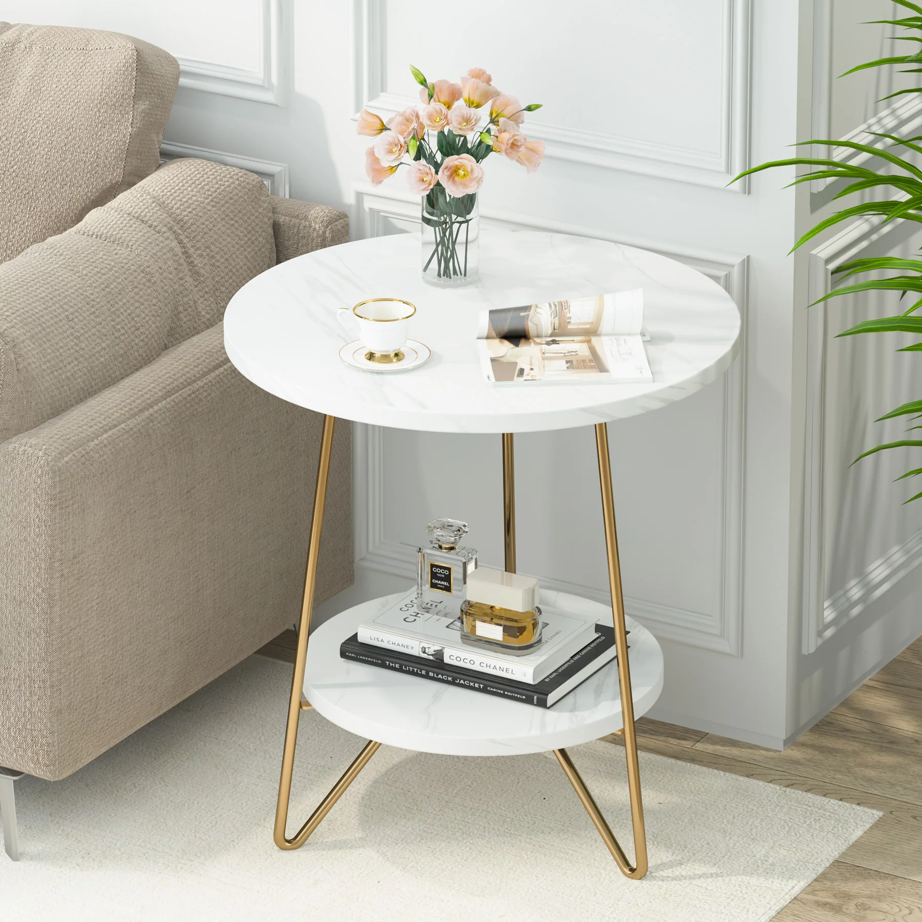 Faux Marble End Table, 2-Tier Round Sofa Bedside Table with Shelves - Image 3