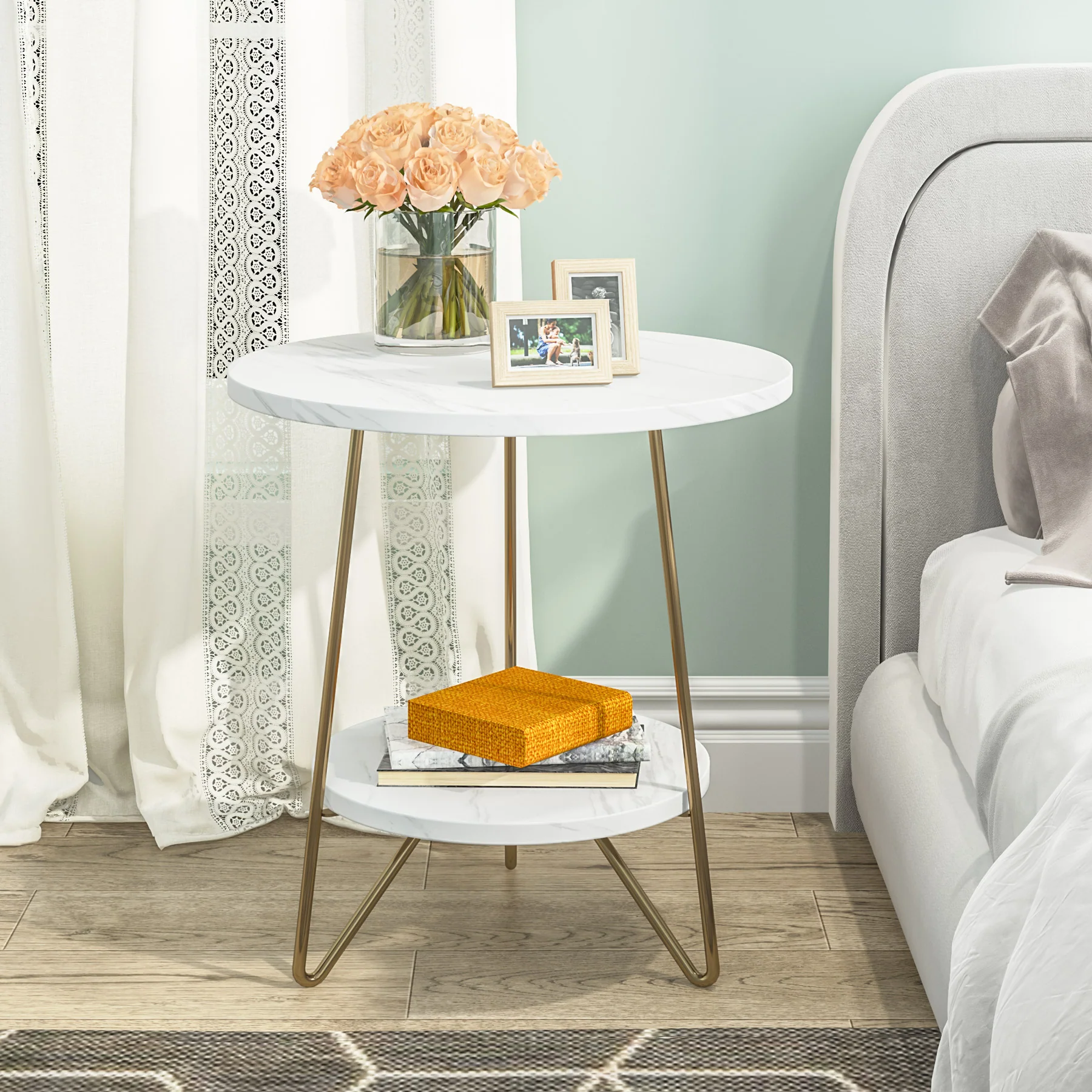 Faux Marble End Table, 2-Tier Round Sofa Bedside Table with Shelves - Image 4