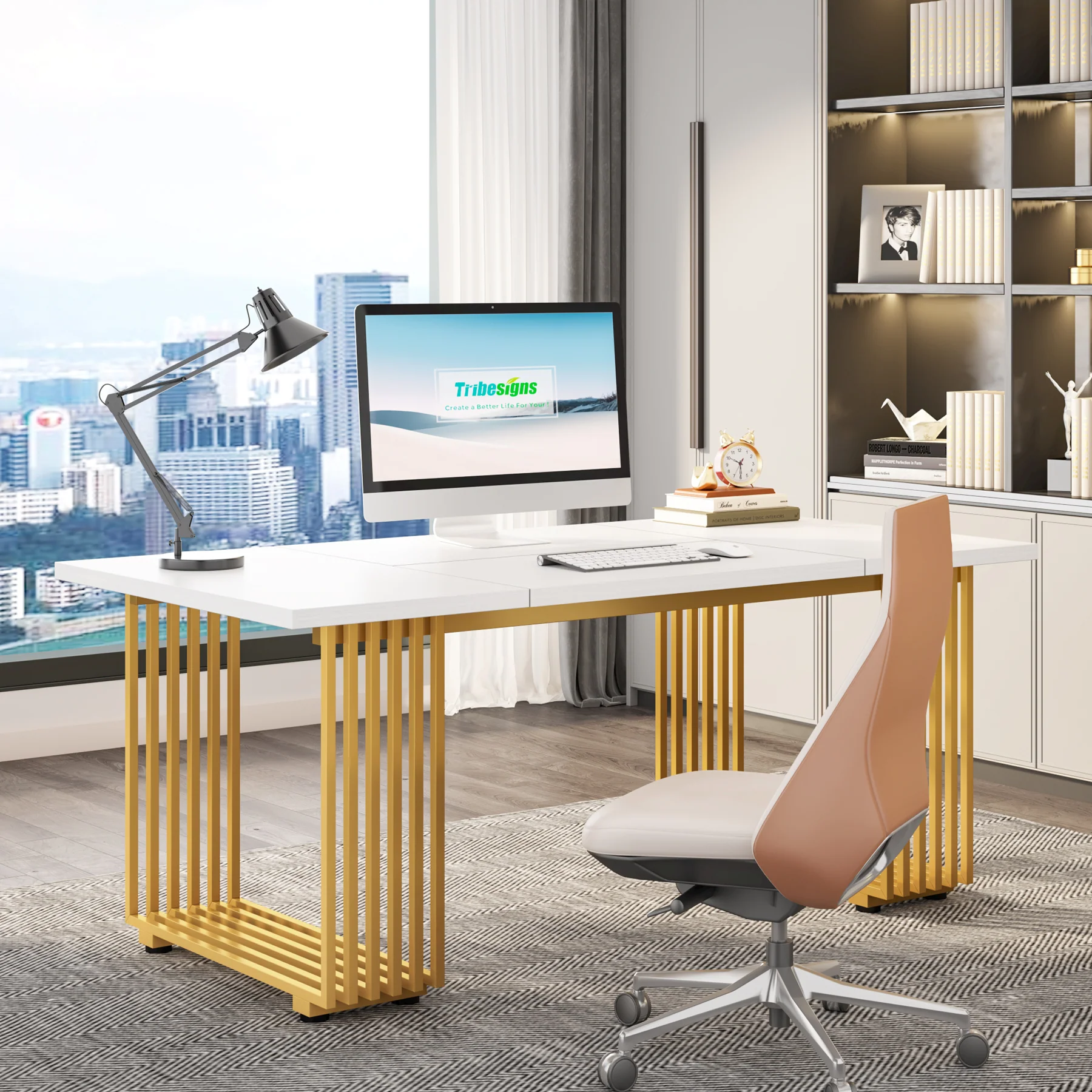 70.9" Modern Executive Desk, Gold and White Office Computer Desk Conference Table - Image 3