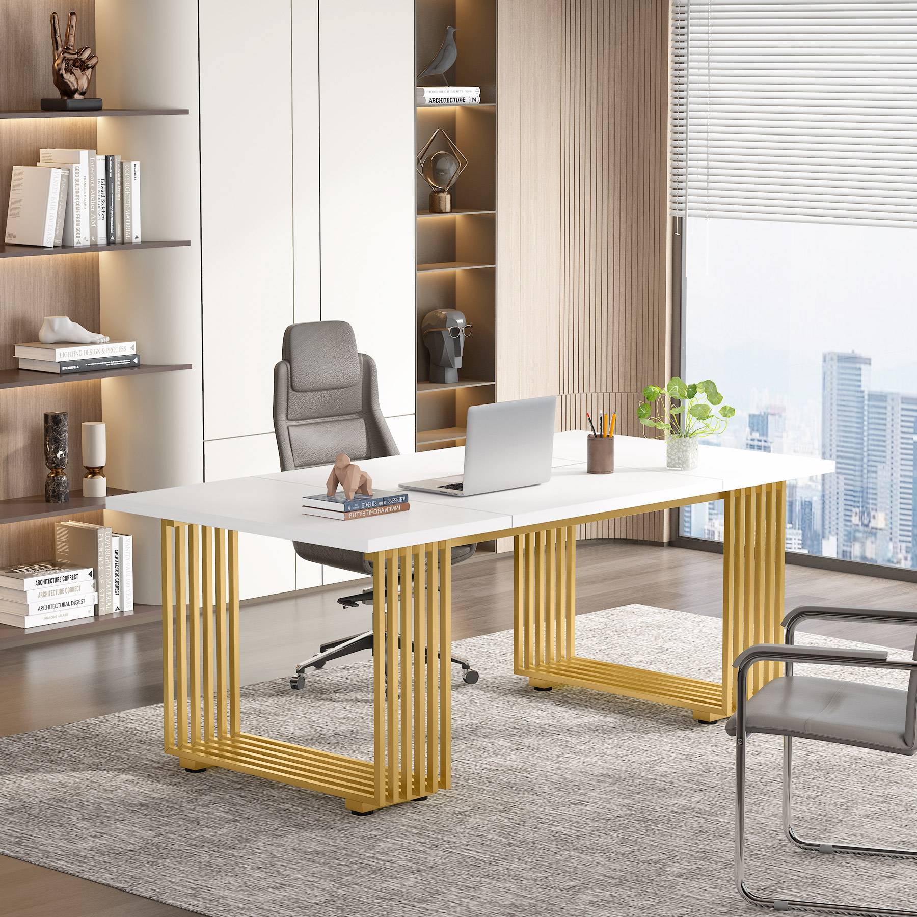 70.9" Modern Executive Desk, Gold and White Office Computer Desk Conference Table - Image 4