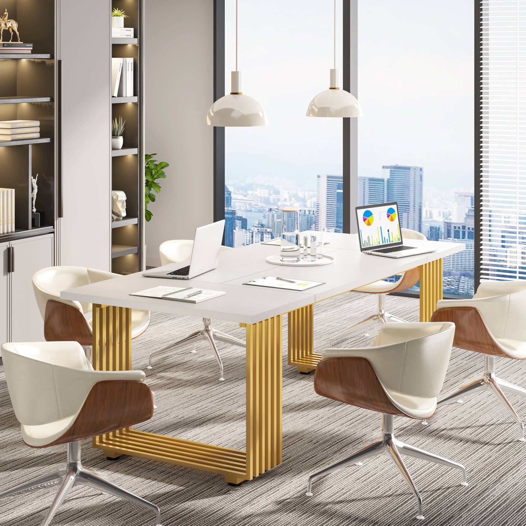 70.9" Modern Executive Desk, Gold and White Office Computer Desk Conference Table - Image 5