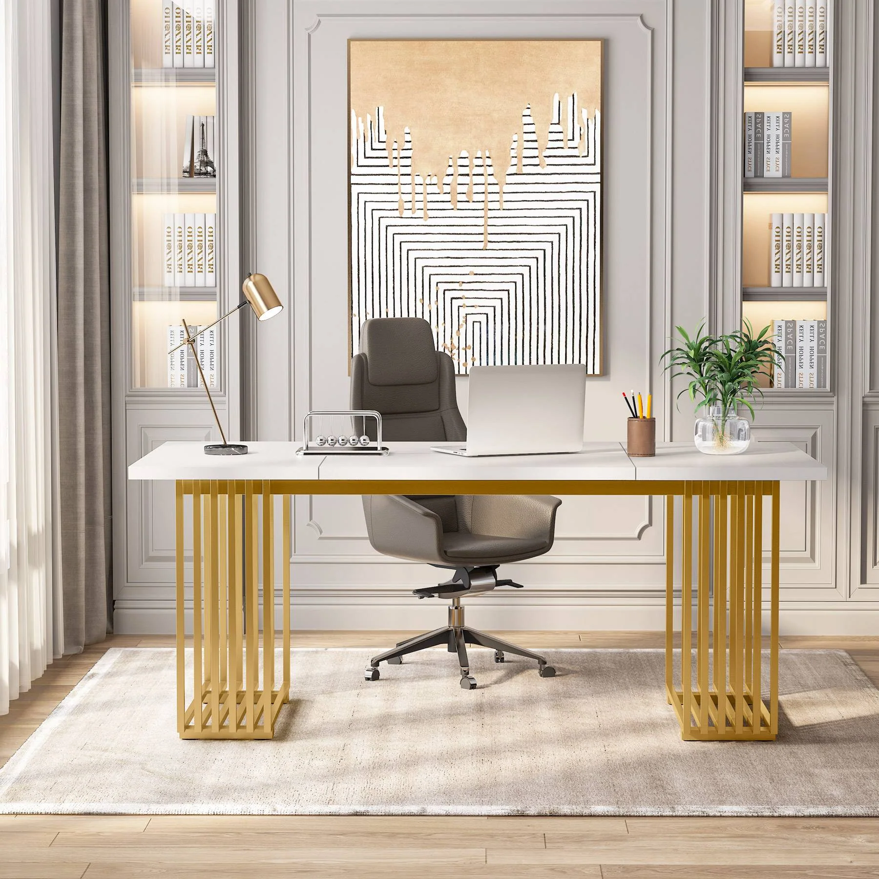 70.9" Modern Executive Desk, Gold and White Office Computer Desk Conference Table - Image 6