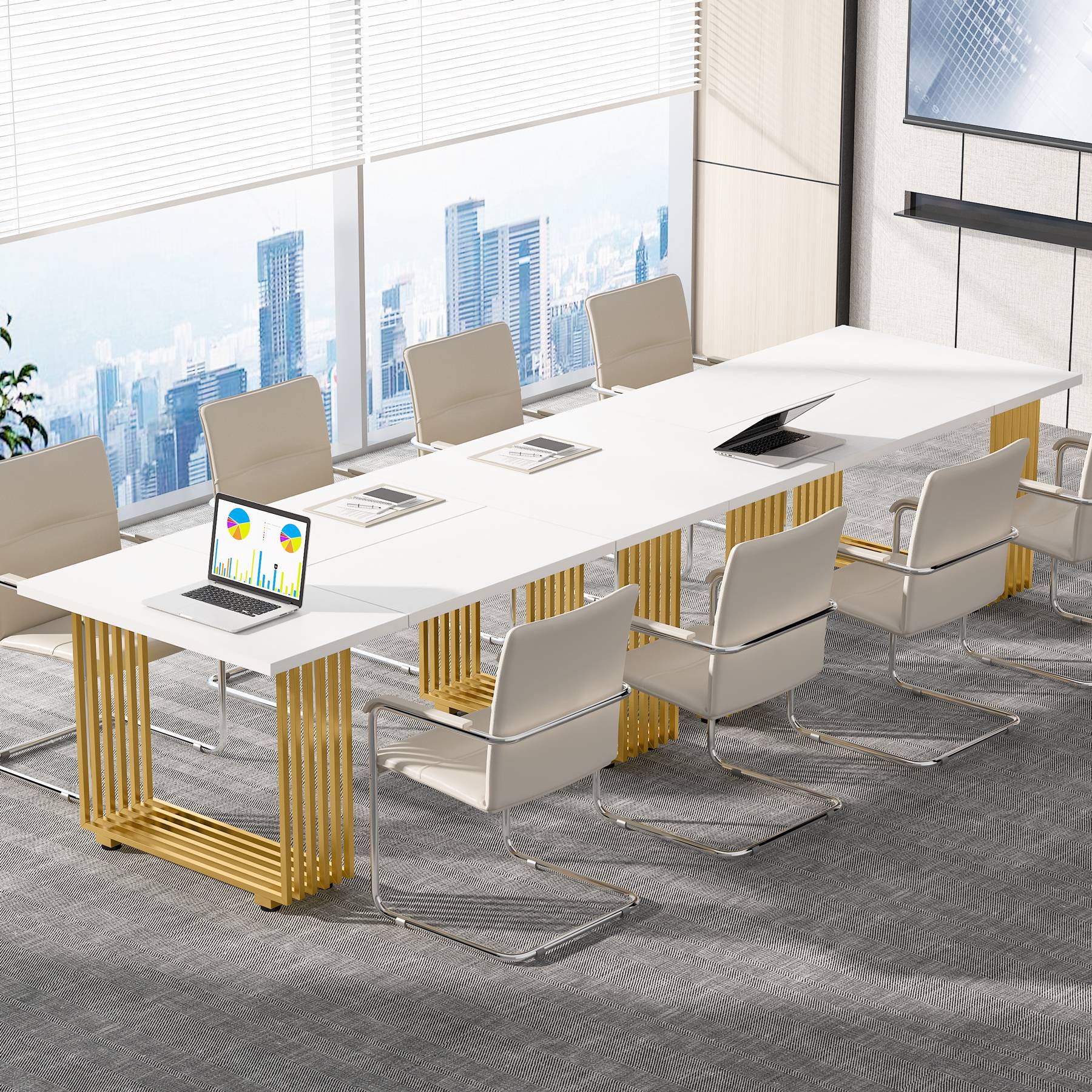70.9" Modern Executive Desk, Gold and White Office Computer Desk Conference Table - Image 7