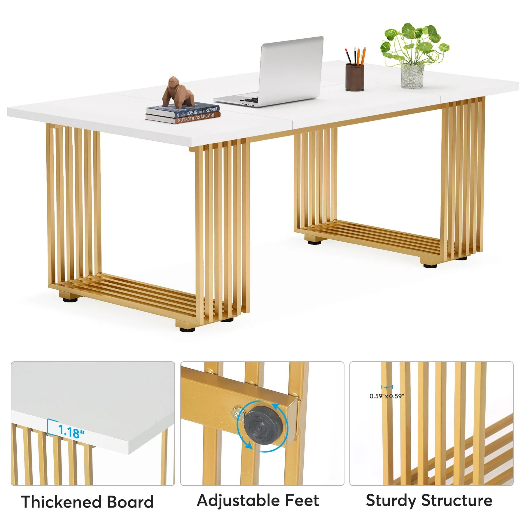 70.9" Modern Executive Desk, Gold and White Office Computer Desk Conference Table - Image 8
