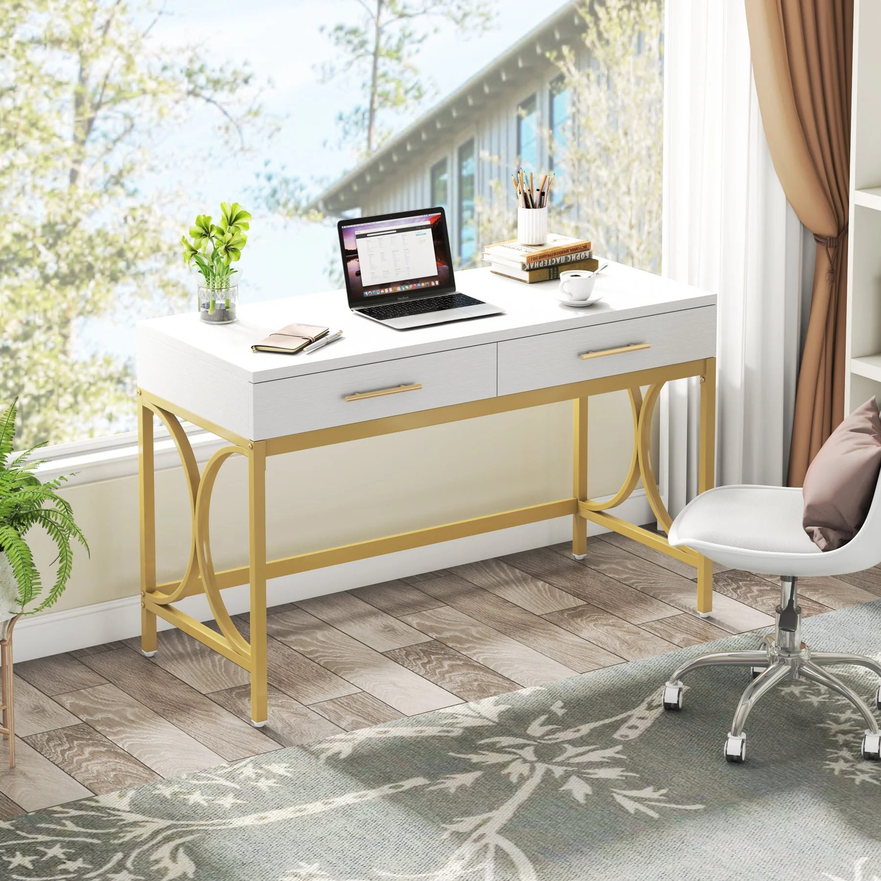 41" Computer Desk, Modern Home Office Writing Desk with 2 Drawers - Image 5