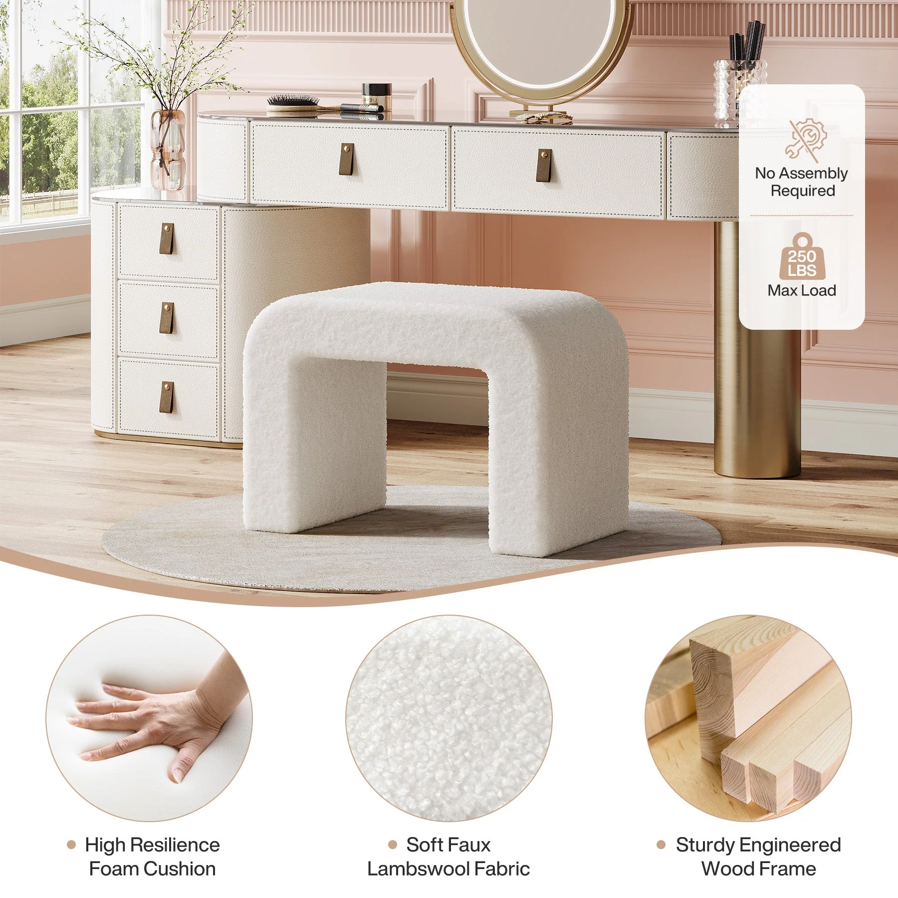 Modern Vanity Stool, Fully Assembled Upholstered Ottoman Sofa Footrest - Image 6