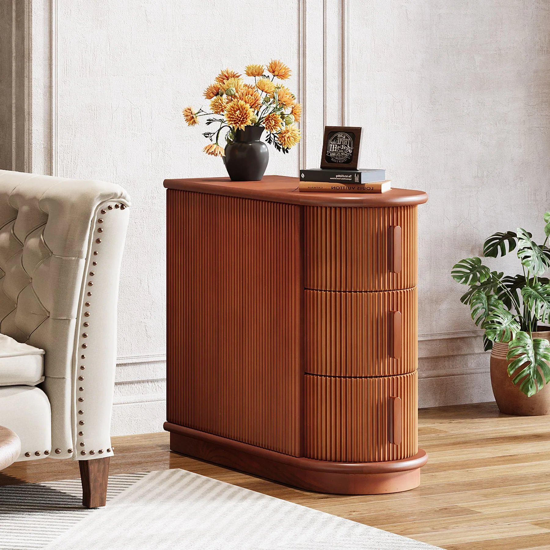 Wood End Table, Narrow Side Table Nightstand with 3-Drawer - Image 3