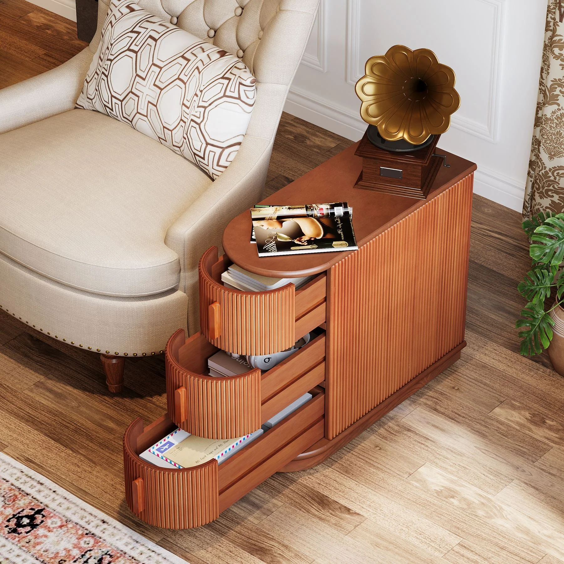 Wood End Table, Narrow Side Table Nightstand with 3-Drawer - Image 4