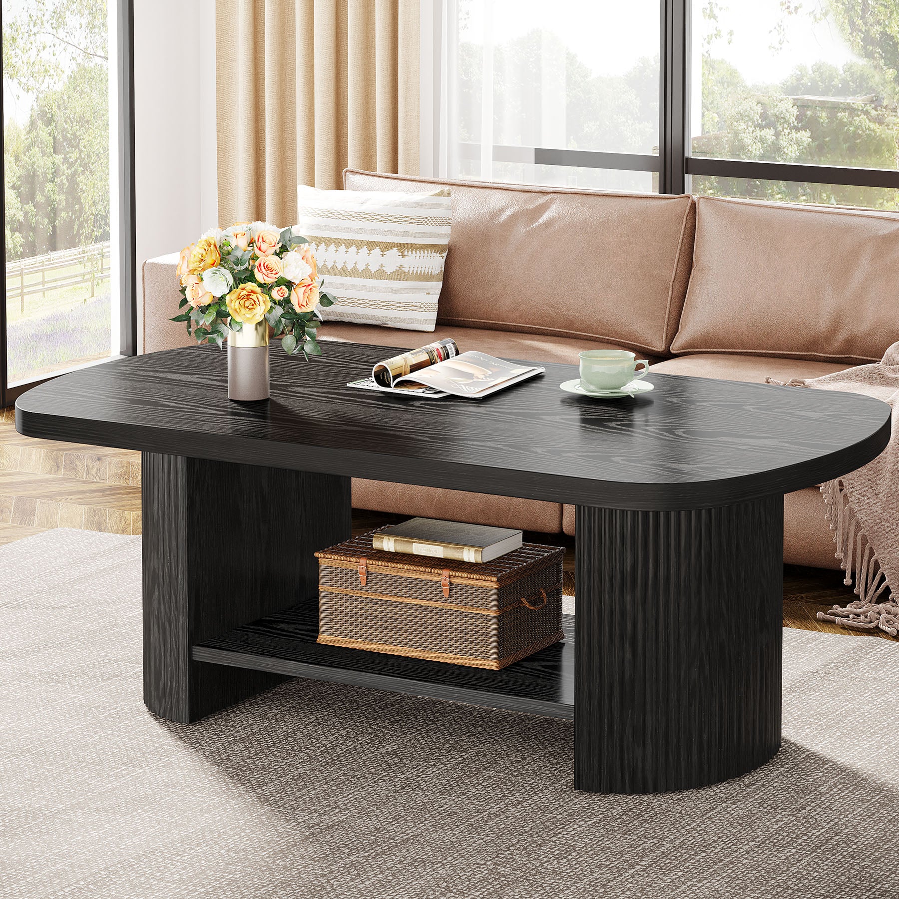45" Coffee Table, Modern Oval 2-Tier Center Table With Storage - Image 7