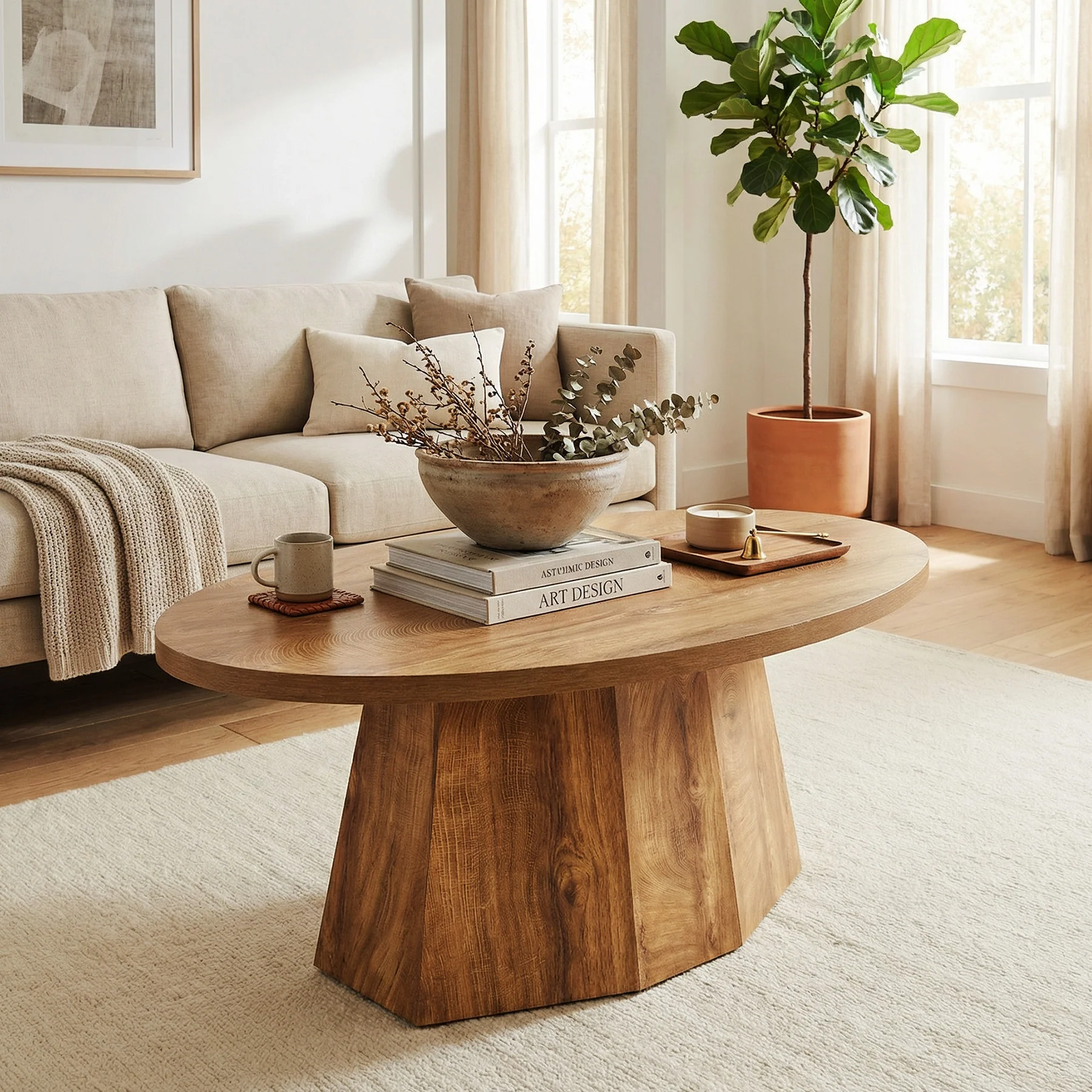 Oval Coffee Table, 47" Center Accent Table with Polygonal Pedestal for Living Room - Image 4